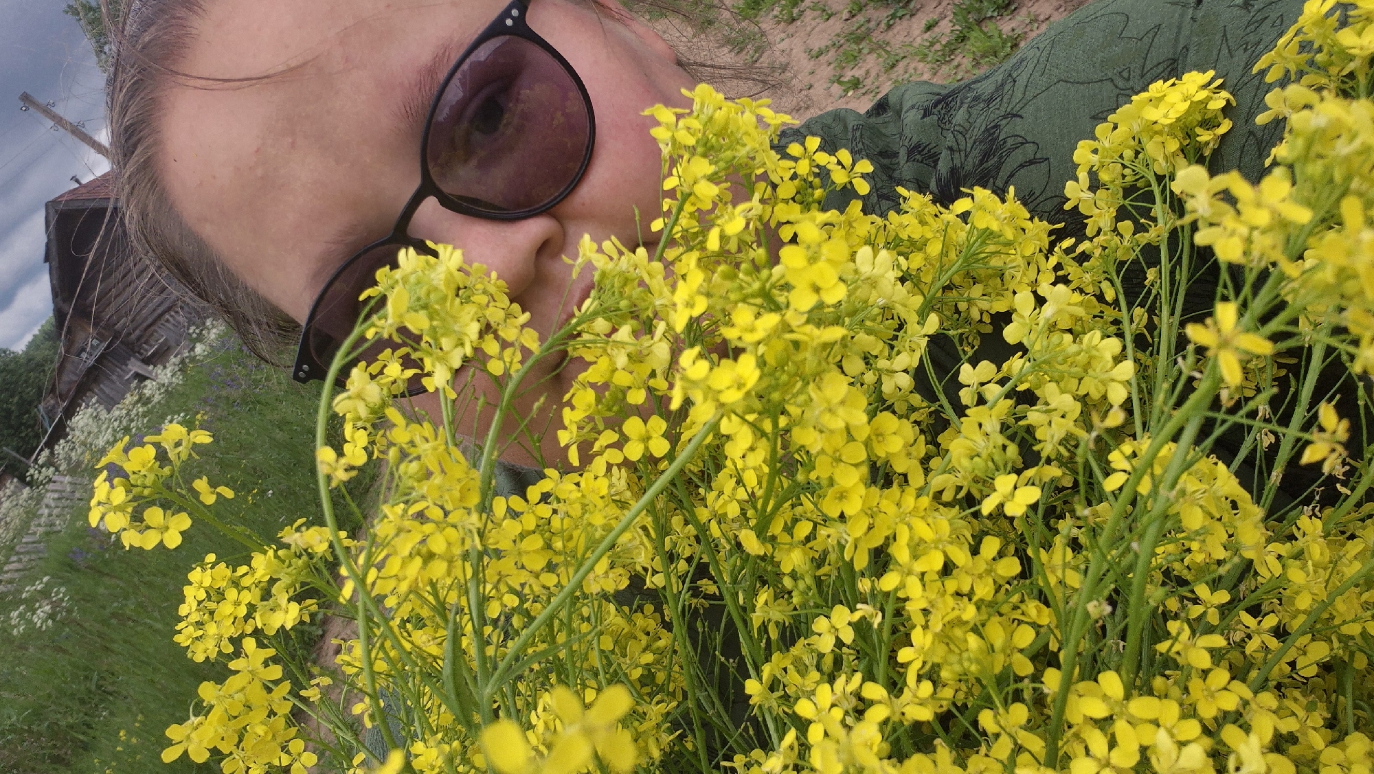 A person wearing sunglasses is holding a large bouquet of yellow flowers in front of their face, obscuring most of their features. The background shows a rural scene with a wooden building, tall grass, and a dirt path. The image appears to be taken outdoors in a natural setting.