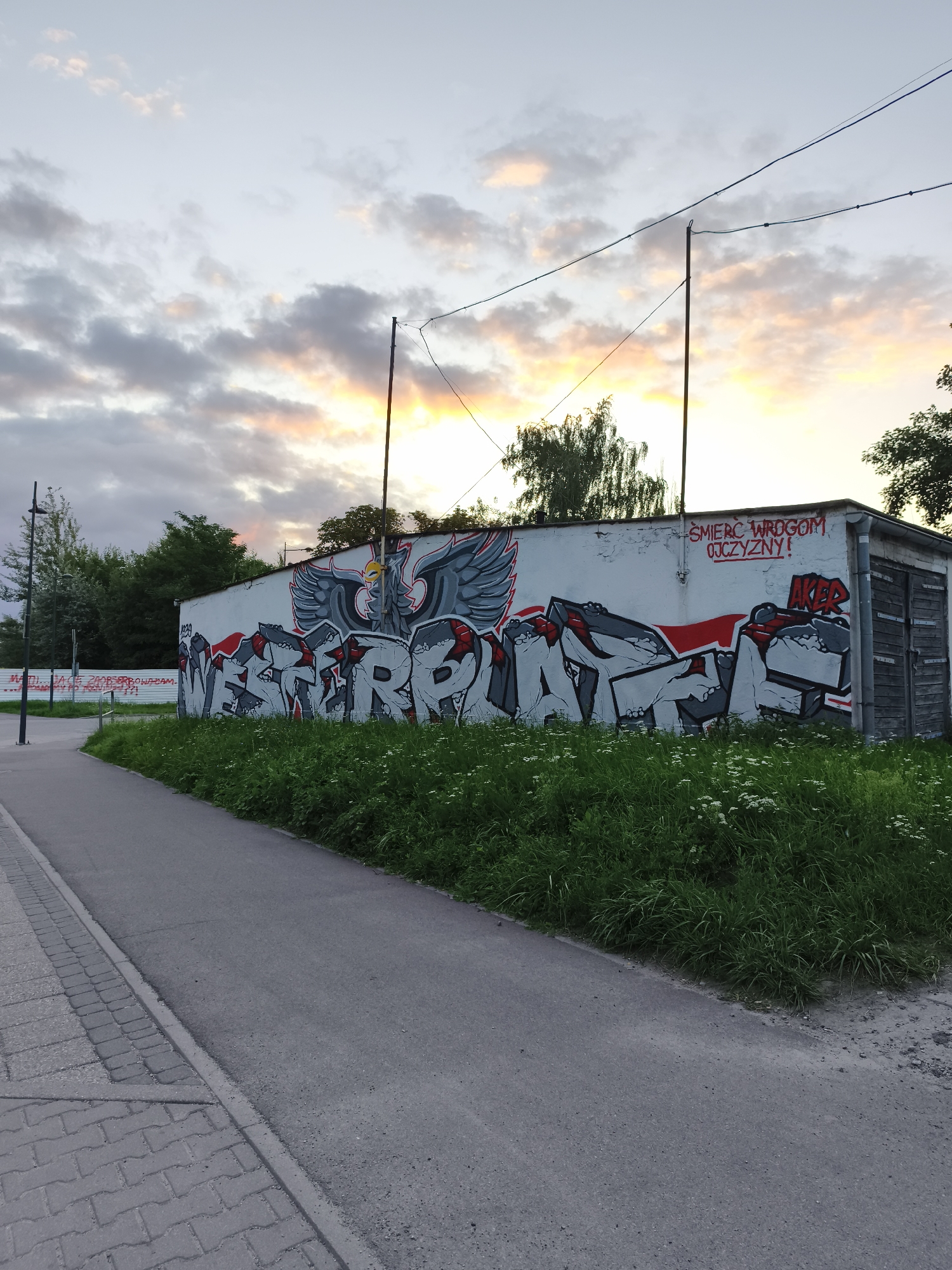 An outdoor, eye-level, medium shot captures a garage with graffiti art at sunset. The garage is on the right side of the image, with a weathered, wooden door and a concrete wall covered in graffiti. A large graffiti piece in grey and red depicts an eagle with outstretched wings and large, blocky letters. Above the graffiti, in red, are the words "ŚMIERĆ WRQGOM OJCYZNY!" and the name "AKER" is scrawled on the right. To the left of the garage, a paved path curves away from the viewer, bordered by a strip of green grass with small white flowers and tall weeds. In the background, a line of trees and vegetation is visible, with power lines crisscrossing the sky. The sky is filled with dramatic clouds, tinged with orange and yellow from the setting sun. A lamppost stands on the left side of the paved path. A metal fence with some writing on it is partially visible behind the grass. The overall scene suggests an urban or suburban environment.