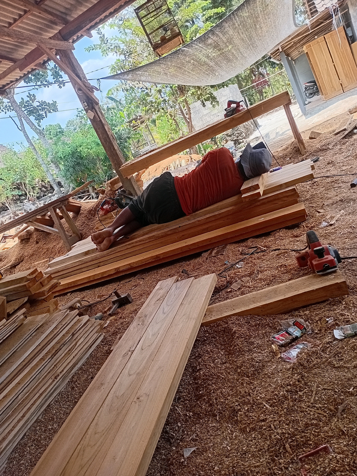 A man wearing an orange shirt and dark shorts is sleeping on a stack of lumber in a woodworking area. He has a grey hat on his head. The scene appears to be outdoors, with a corrugated metal roof overhead. There are piles of sawdust on the ground, along with various woodworking tools and materials, including a red electric planer. In the background, there are trees, a motorcycle, and partially constructed wooden structures. The overall environment suggests an active, albeit perhaps informal, carpentry workshop. The location is identified as Playen, Indonesia.