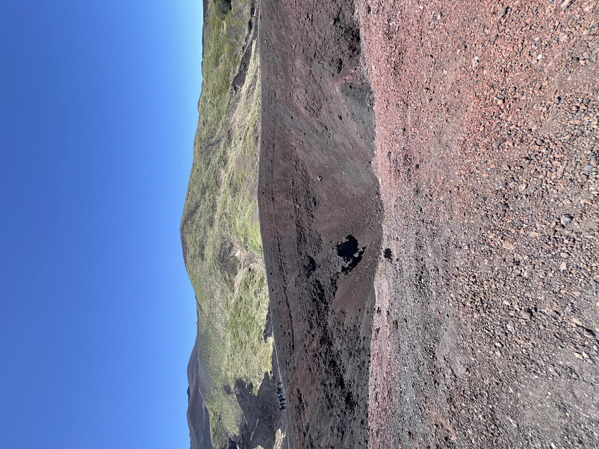 An image depicts a volcanic landscape with a clear blue sky. In the foreground, a crater is visible, filled with dark volcanic rock and gravel. A path leads around the rim of the crater, where a small group of people, appearing to be tourists, are walking. The middle ground features a barren, dark-colored slope, indicative of recent volcanic activity. Beyond this, rolling hills covered in sparse green vegetation ascend towards the horizon. The overall environment suggests an arid, mountainous region shaped by volcanic forces. The location is identified as Linguaglossa, Italy, which is known for its proximity to Mount Etna, a highly active volcano.