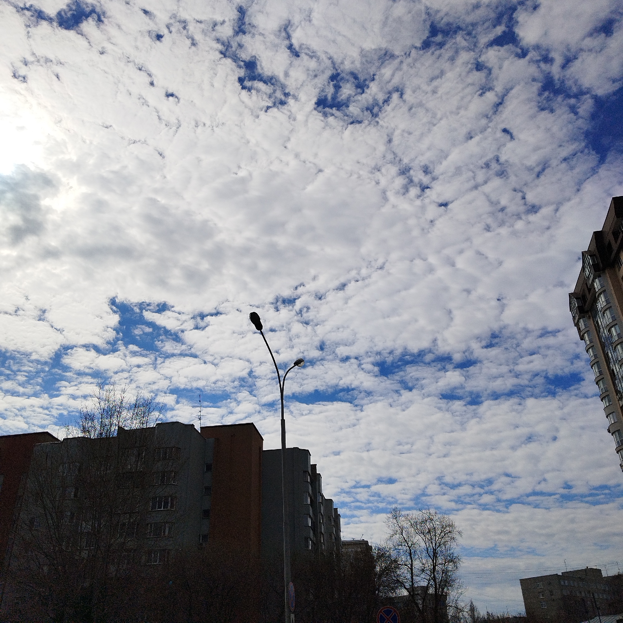 An outdoor, eye-level shot captures a vibrant sky filled with white, scattered clouds against a bright blue backdrop, stretching above a cityscape. The sun's glare is prominent in the upper left corner, partially obscured by clouds. Below the expansive sky, the upper sections of several multi-story residential buildings are visible, silhouetted against the brighter light.
On the left side, an older, darker apartment block is partially hidden by the bare branches of deciduous trees, suggesting a winter or early spring season. Another, possibly more modern, building with curved window facades rises on the far right. A tall, dark street lamp with two lights stands prominently in the lower-center, its silhouette extending into the cloudy sky. Small parts of traffic signs, mainly a blue circular sign, are barely discernible at the base of the street lamp. The overall lighting suggests a bright, cloudy daytime. No visible text is clearly legible on any signs or buildings.