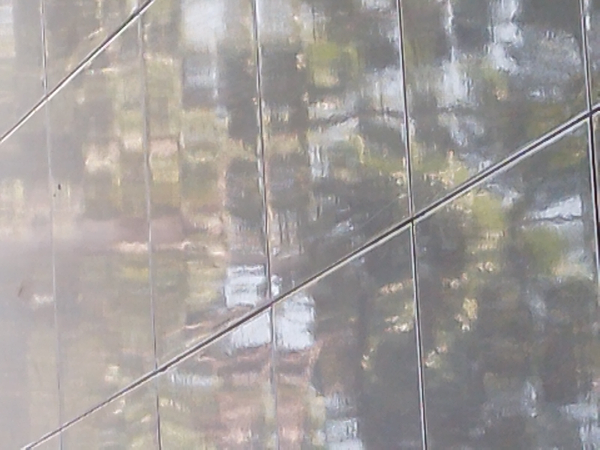 The image is a close-up, ground-level view of a tiled surface, likely a pathway or pavement, in the city of Batu, Indonesia. The tiles appear to be large, square or rectangular, and have a glossy, reflective finish. The reflections on the tiles show blurred foliage and light, suggesting an outdoor environment with trees or plants nearby and possibly sunlight. The surface is divided by dark grout lines, forming a grid pattern. There are no visible people, animals, or specific objects in the frame, only the abstract patterns created by the reflections on the tiled surface. The overall impression is one of an ordinary, man-made surface in a natural or semi-natural setting.