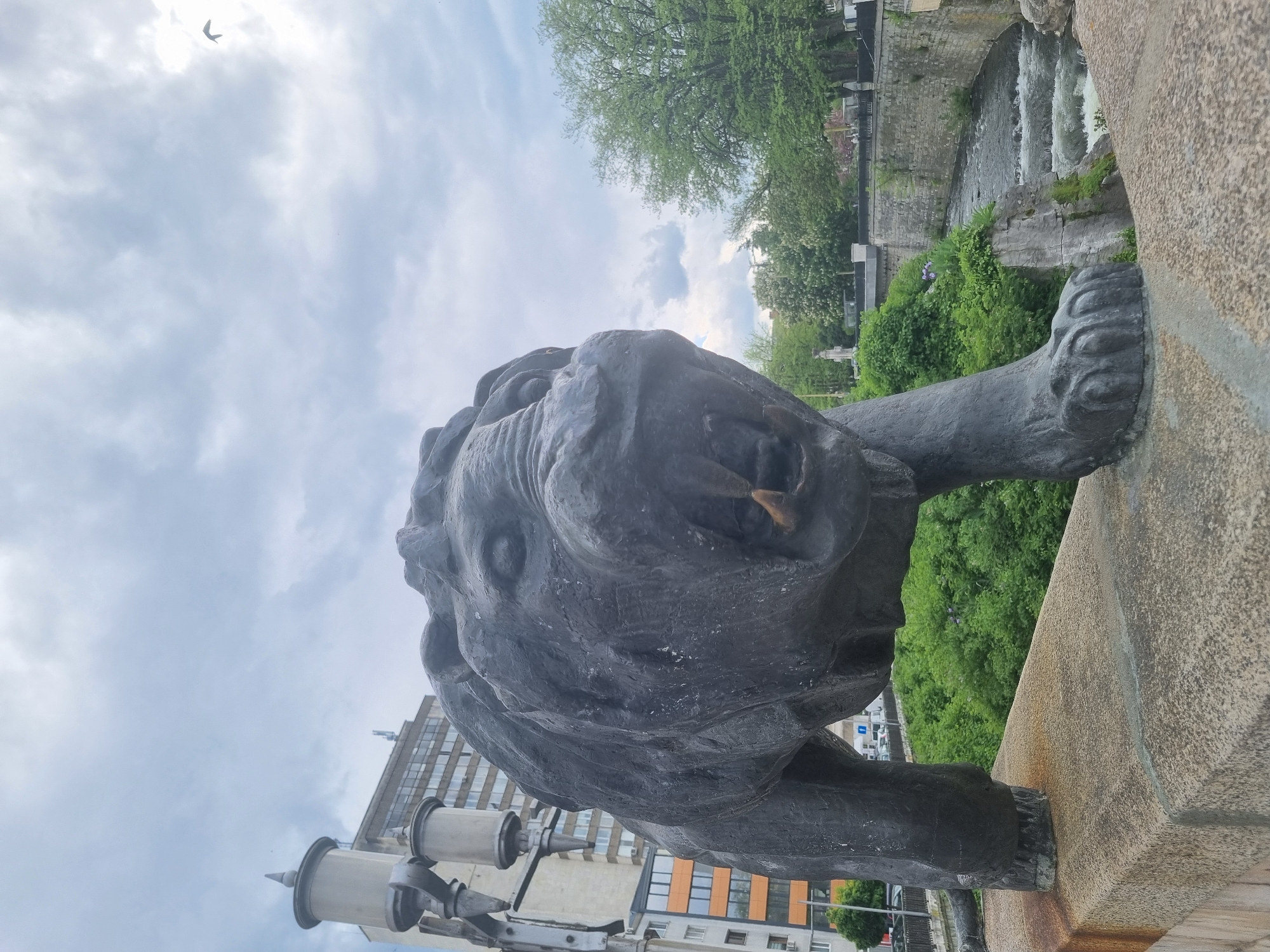 A low-angle, medium shot reveals a bronze-colored lion sculpture mounted on a concrete structure, positioned outdoors. The lion, depicted with an open mouth and visible teeth, appears to be roaring or snarling. Its head and paws are distinctly visible. The sculpture is located on a bridge, with a body of water and greenery visible in the background. In the distance, a stone structure resembling a dam or waterway can be seen, along with additional greenery. Buildings are visible in the far background, under a cloudy sky. A bird is seen flying in the upper left corner of the image.
The scene is set in the city of Gabrovo, Bulgaria, as the lion sculpture is one of the lion sculptures that adorn the pedestrian bridge over the Yantra river in Gabrovo.