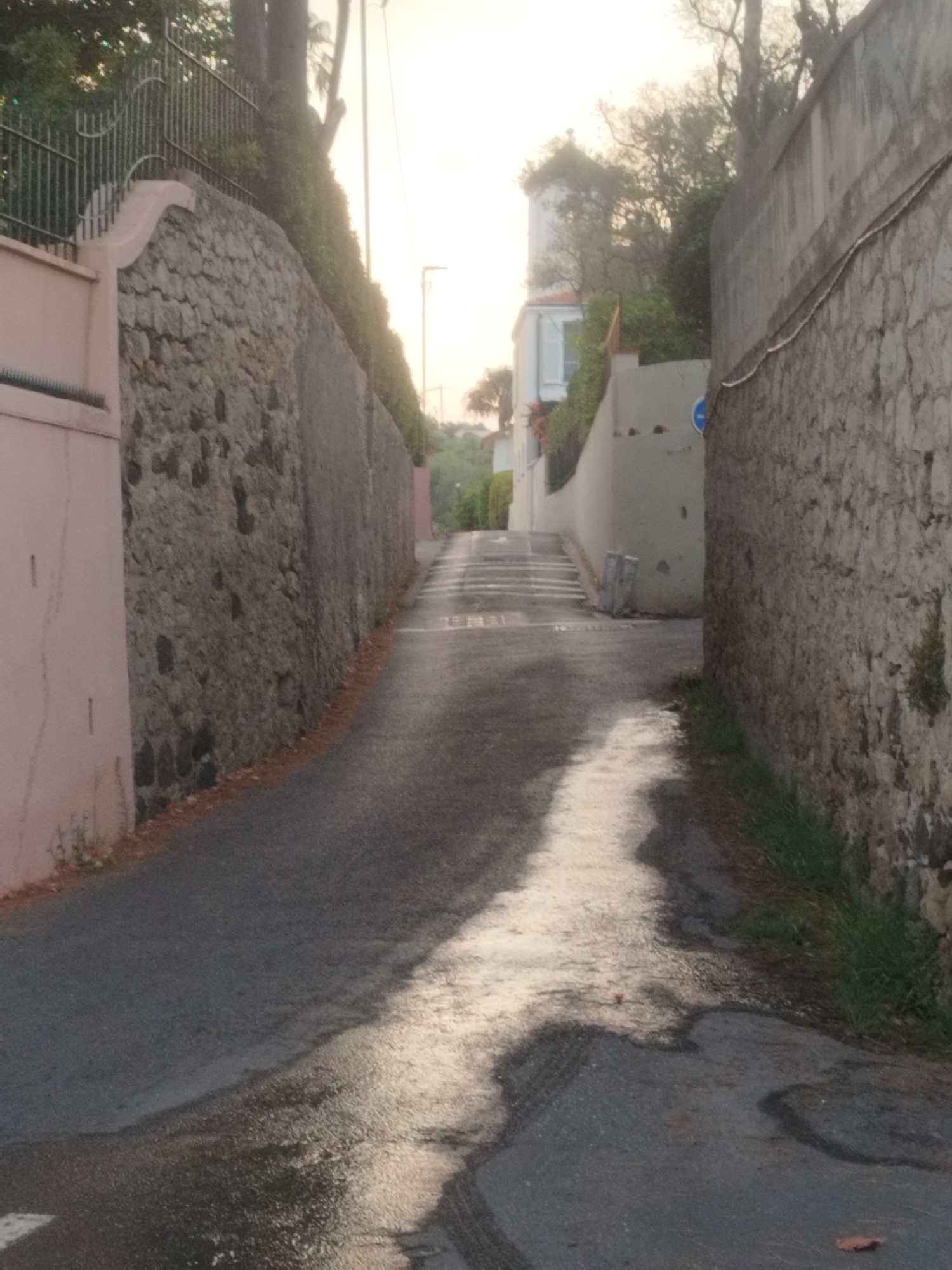 A narrow, paved road slopes upwards between two stone walls. The wall on the left is constructed of rough, grey stones and has a pink-colored concrete structure attached to its lower section. The wall on the right is also made of grey stone. The road surface is dark asphalt and appears wet and reflective, with water pooling and creating a sheen. A series of white painted lines, possibly crosswalk markings or speed bumps, are visible on the road further up the incline.
On the left side of the road, beyond the pink concrete structure, a metal fence with vertical bars runs along the top of the stone wall, interspersed with greenery. Further up, on the left, several buildings are visible. One building is white with blue shutters and a tower with a dark roof.
On the right side of the road, beyond the stone wall, there is grass and some vegetation. In the distance, the road curves to the left and appears to lead towards buildings. The sky is bright and hazy, suggesting either dawn or dusk. The overall impression is of a quiet, slightly damp, uphill street in a residential or hilly area. The location is Antibes, France.