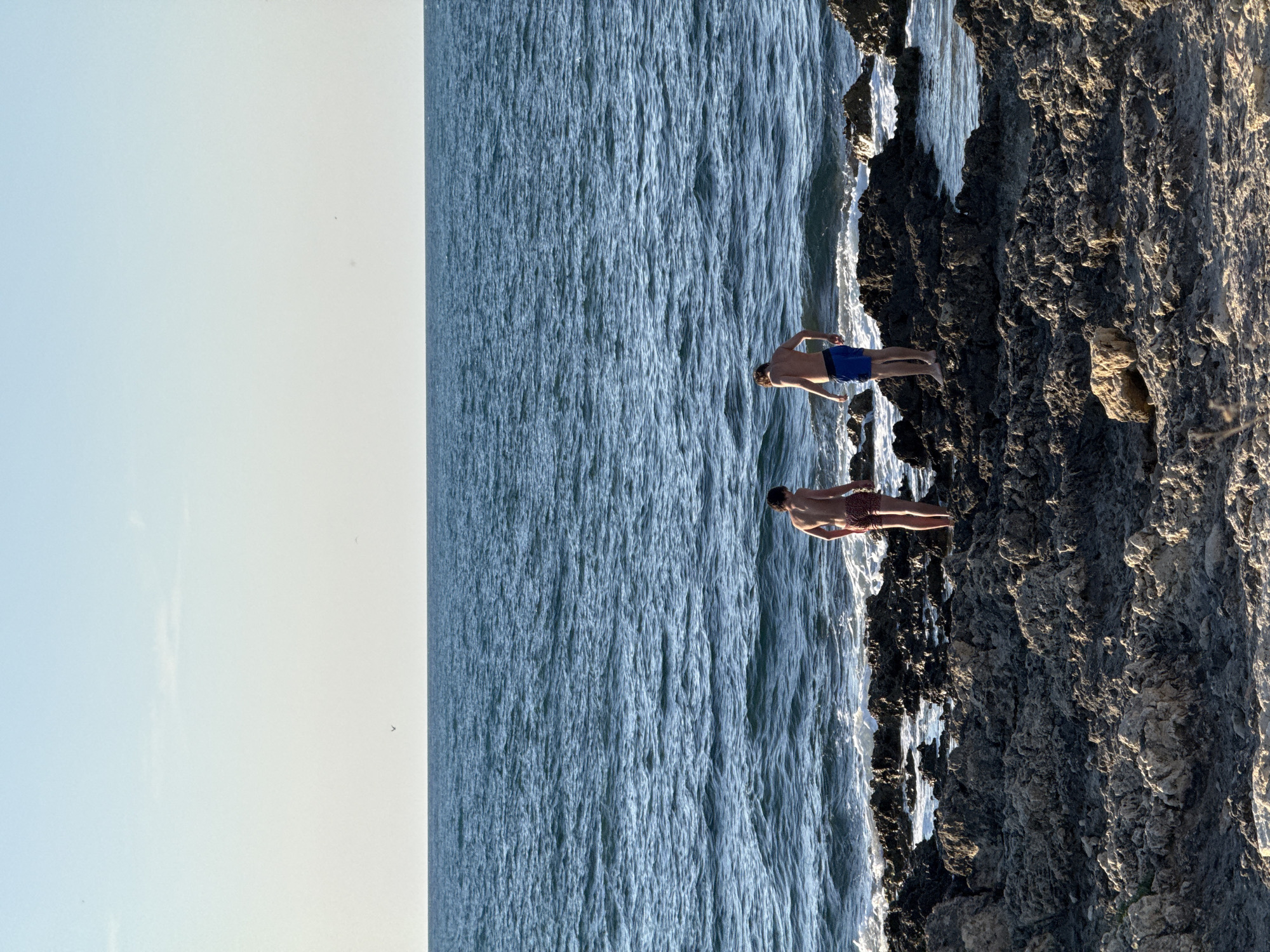 Two young males stand on a rocky shoreline facing a vast expanse of deep blue ocean under a clear, pale blue sky. The male on the left wears patterned swim trunks and faces away from the camera, looking towards the water. The male on the right wears blue swim trunks and also faces away from the camera, his gaze fixed on the sea. The shoreline is composed of dark, irregular volcanic rocks, with waves gently lapping against them. The horizon is clearly defined between the sea and the sky, with a faint, distant bird visible in the upper portion of the frame.