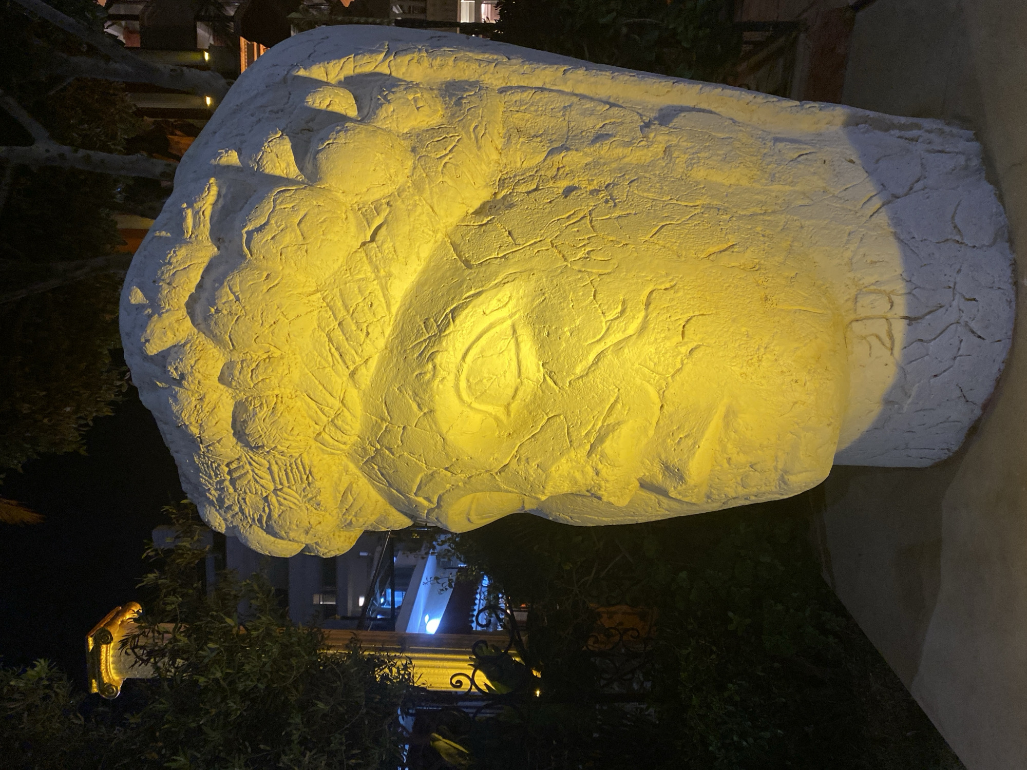 The image shows a white, oversized head sculpture resting horizontally on a platform. It is placed outdoors in an urban environment within Alanya, Turkey. The sculpture is brightly lit by a warm yellow light, making the details of the textured surface prominent. The head faces the left side of the frame. The background reveals foliage and suggests a landscaped garden. A building is visible in the distance, partially obscured by foliage, with a white facade and lit windows. An ornate, golden-colored fixture is attached to a structure near the bottom left corner of the frame. The night setting indicates artificial lighting sources illuminating the scene. The orientation of the image is such that the ground appears to be on the right-hand side, and the sky is positioned on the left-hand side.