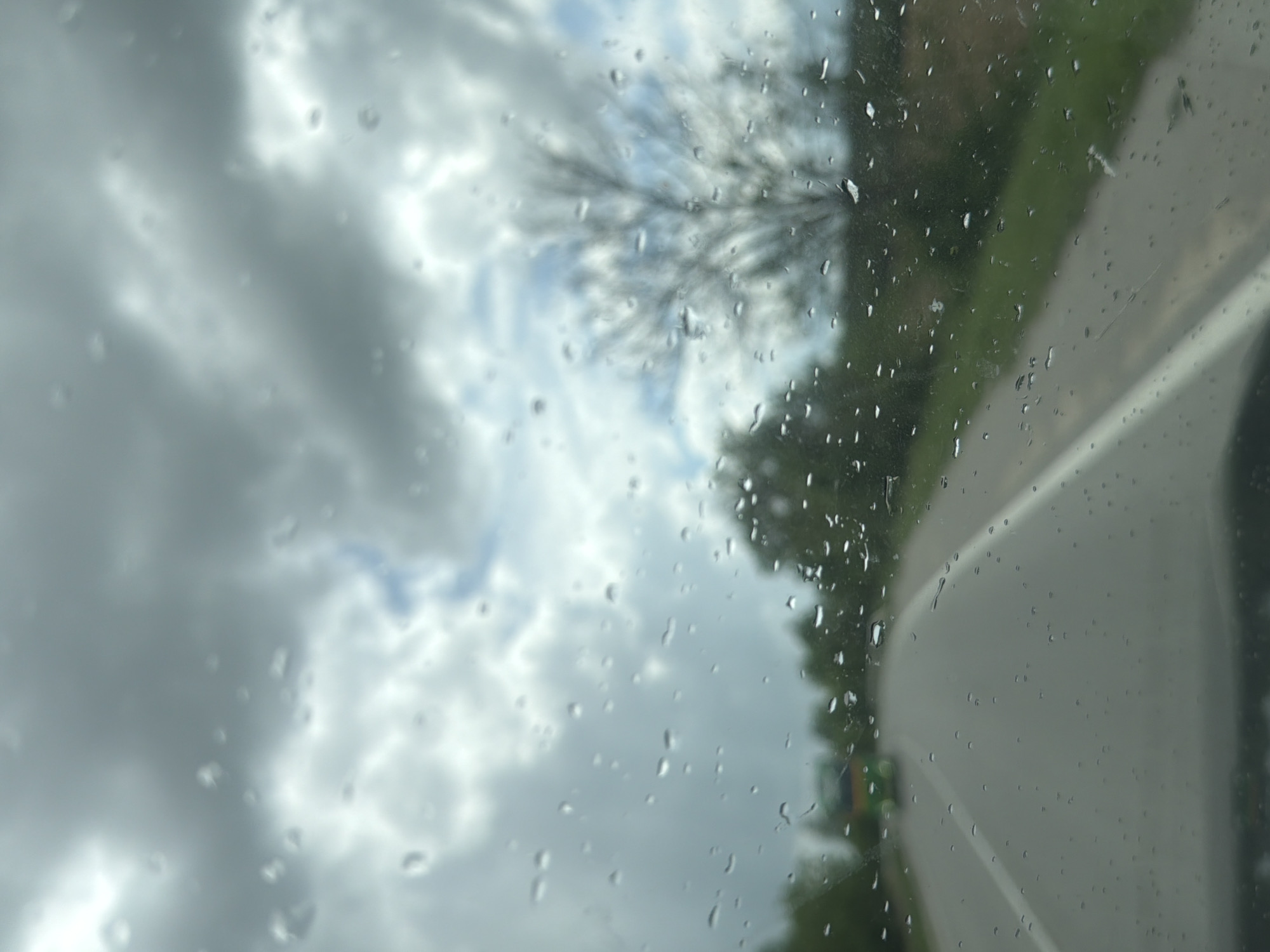 The image appears to be taken from inside a vehicle, looking through a rain-streaked window. Outside, a cloudy sky is visible along with blurry trees and greenery. Part of the vehicle's body is also in view, suggesting a close perspective. The location in Kiosevtsi, Bulgaria cannot be confirmed without additional visual clues in the image.