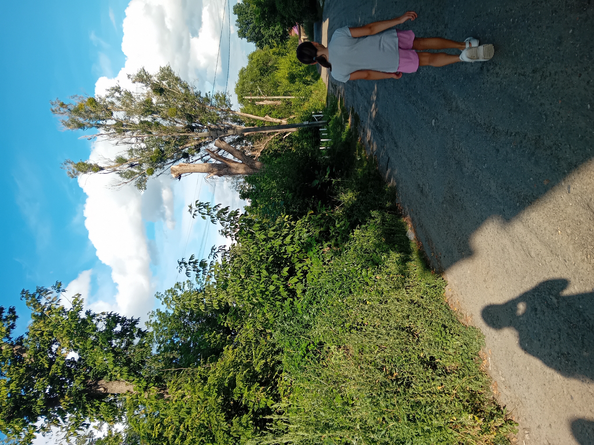 A rear view of a young girl with dark hair in a ponytail is shown walking away from the camera on a paved rural road. She is wearing a light grey t-shirt and pink shorts, and white shoes. To her left is a dense line of green bushes and trees, and to her right, the road continues into a tree-lined area. In the background, a large, tall tree with exposed branches is visible, along with utility poles and wires. The sky is blue with scattered white clouds. A shadow of the person taking the photo is cast on the left side of the road, showing a person holding a phone. The scene appears to be a sunny day in the outskirts of Chuhuiv, Ukraine.