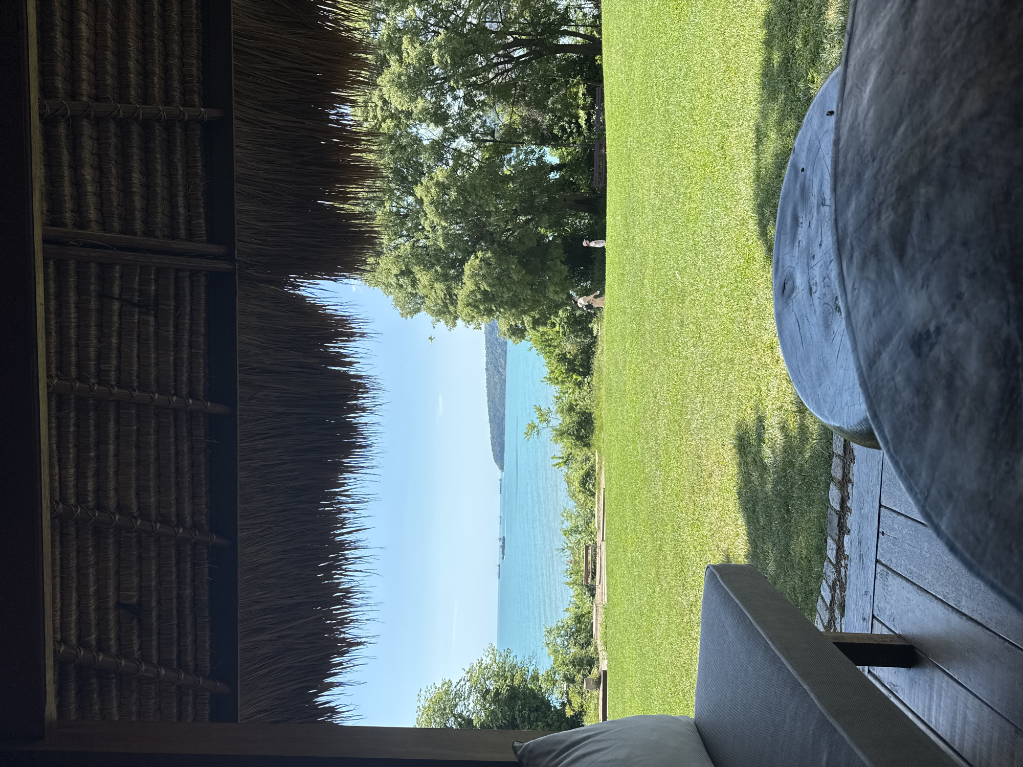 The image captures a serene outdoor scene viewed from beneath a shaded, thatched-roof structure, looking out over a vibrant coastal landscape.
In the foreground, the dark, textured underside of a thatched roof and wooden beams are visible at the top, providing shade. To the bottom right, part of a comfortable outdoor seating area is seen, including a grey cushioned sofa or chair and a round, dark wooden table resting on a wooden deck.
Beyond this shaded area, a lush, bright green lawn stretches towards the sea. Scattered across the lawn are several mature trees, their green canopies full. Two small, light-colored animals, possibly goats or dogs, are present on the grass; one stands near a tree trunk, and another is closer to the center of the lawn. A small wooden bench is also visible nestled among the trees.
In the background, a wide expanse of calm, turquoise sea meets a clear, bright blue sky. A distant, mountainous landmass forms the horizon line across the water, and several small boats or structures can be seen on the water's surface.
The scene is bathed in bright daylight, indicated by the strong sunlight and distinct shadows cast on the grass and wooden deck. The weather appears clear and sunny. No discernible text is visible in the image. The overall impression is one of tranquility and relaxation in a tropical or resort-like setting.