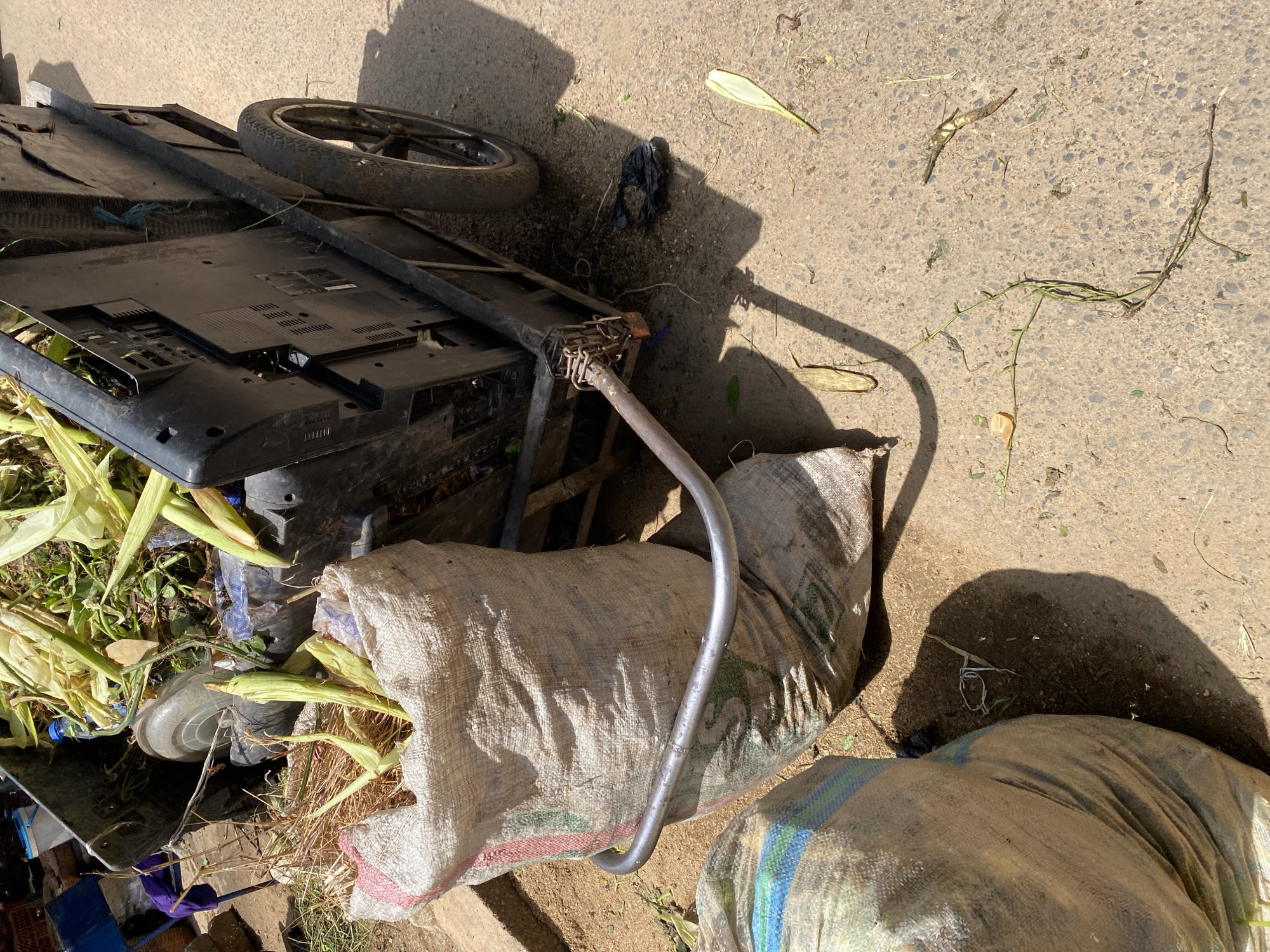 In Jos, Nigeria, a two-wheeled cart, constructed from black plastic and metal, is parked on a paved surface, likely a road or alley. The cart is laden with various items, including corn stalks, leaves, and what appear to be discarded electronic components, possibly television screens, stacked vertically within the cart. To the left of the cart, two large, woven sacks are positioned on the ground. One sack, in the foreground, is light-colored with red and green stripes visible near its opening, and it is filled with corn stalks and husks. Another sack, partially visible behind it, has blue and green stripes. The ground is a mixture of dirt and asphalt, with scattered debris including leaves, twigs, and a black plastic bag. The lighting suggests it is daytime, with distinct shadows cast by the cart and sacks. No individuals are present in the image.