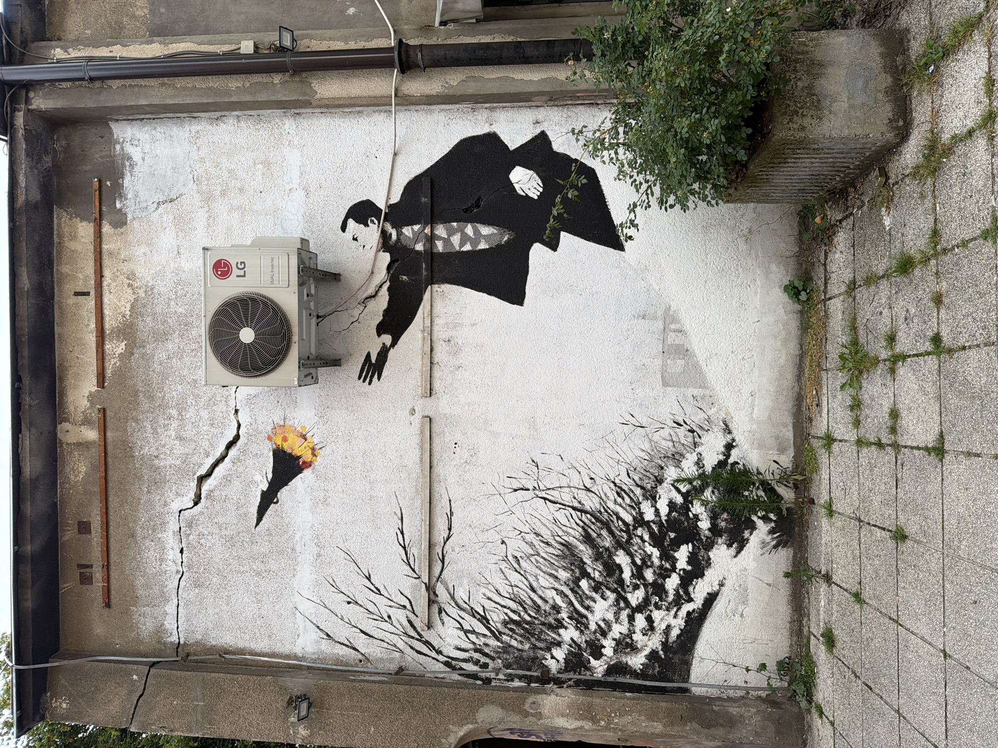 The image depicts a section of a weathered, textured white building wall in Sarajevo, Bosnia and Herzegovina, adorned with stencil graffiti. The graffiti features a silhouetted figure in a suit and tie, with a geometric pattern on the tie, reaching out with its left hand. To the left of the figure, stylized black branches and what appears to be a depiction of snow or earth are painted. Above and to the left of the figure, a black object with colorful elements, resembling a stylized bird or projectile, is depicted in mid-air. An outdoor air conditioning unit is mounted on the wall near the top of the graffiti. A prominent crack runs across the wall, intersecting the painted elements. The foreground shows a tiled sidewalk with sparse vegetation growing between the tiles. To the right of the wall, a concrete planter holds a dense green shrub. Electrical conduits and a downspout run vertically along the right side of the building. The overall scene suggests an urban environment with signs of aging and artistic intervention.