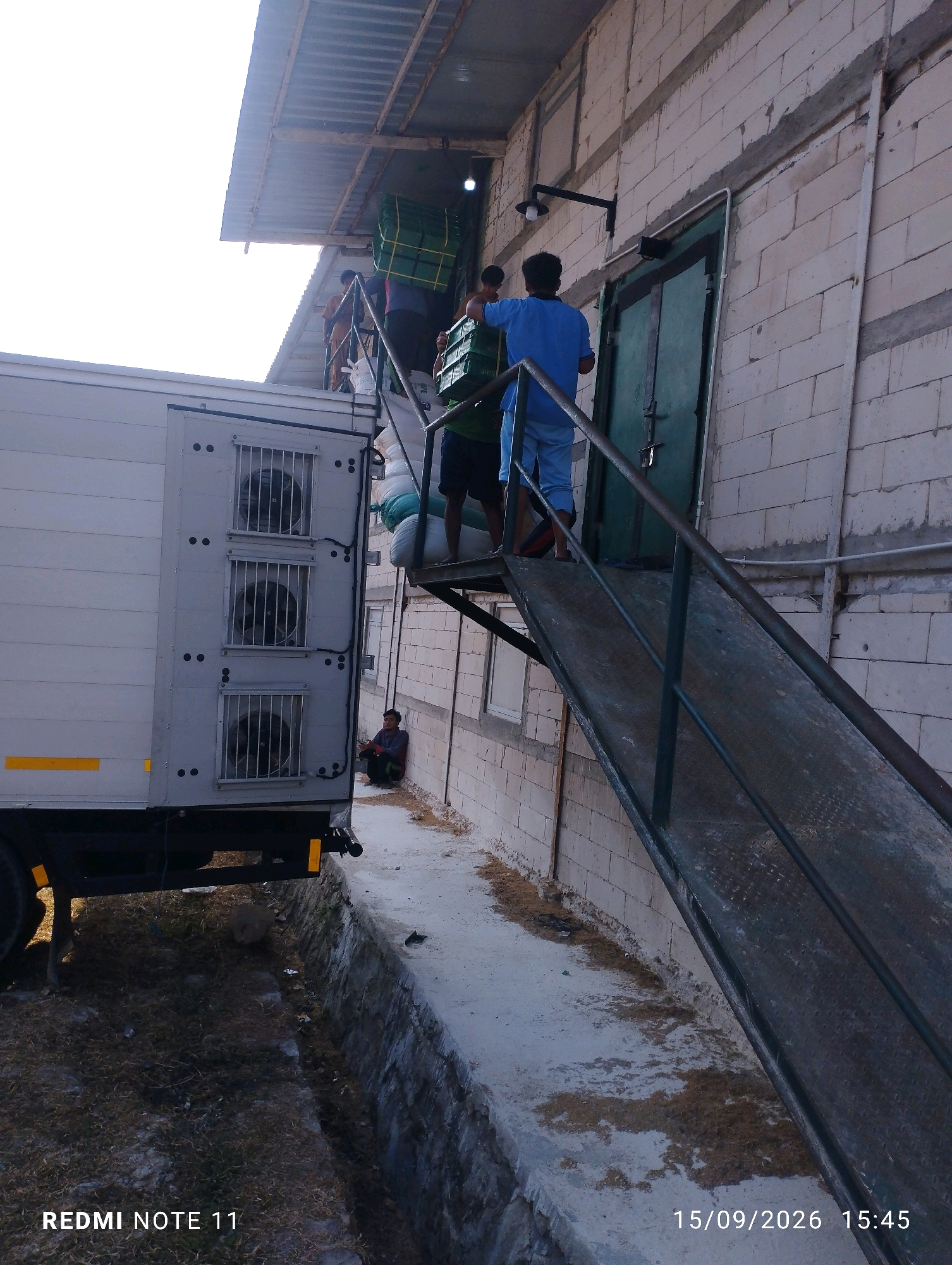 In Pulutan Wetan, Indonesia, individuals are seen engaged in the process of loading or unloading goods. The scene takes place outdoors, adjacent to a building constructed with white concrete blocks. A large, silver refrigerated truck is parked to the left of the frame, its rear doors open. A metal ramp and staircase lead up to the building's entrance, which features a green double door. Several men are on the ramp and near the building's entrance, with some carrying green crates that appear to contain goods. One person is seated on the ground near the truck, looking towards the building. The sky above is bright white, suggesting it might be daytime with overcast conditions or the sun is directly overhead. The ground around the area is a mix of concrete and dry vegetation, with a small trench or drainage channel visible along the side. The overall atmosphere suggests a logistical operation involving transportation and storage.
