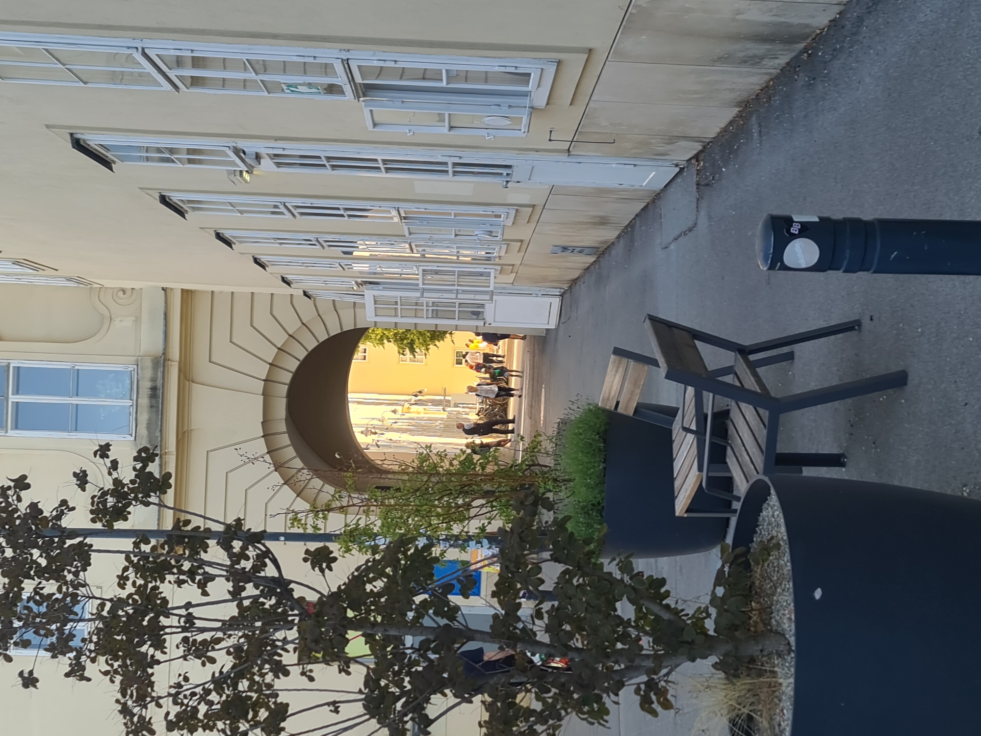 This image depicts an alleyway in Vienna, Austria, with a building on the right featuring a series of tall, white-framed windows, some of which are open. The building's facade is a light yellow. An arched passageway is visible in the background, leading to another street where several pedestrians can be seen. In the foreground, to the left, is a dark tree planted in a large black planter. Two wooden benches with dark metal frames are positioned in the alleyway. A black bollard with a white circular sticker featuring the text "vollstille" and "BB" is also present. The ground is paved with concrete or asphalt, and there are some scattered leaves. The overall scene suggests a public outdoor space in a European city.