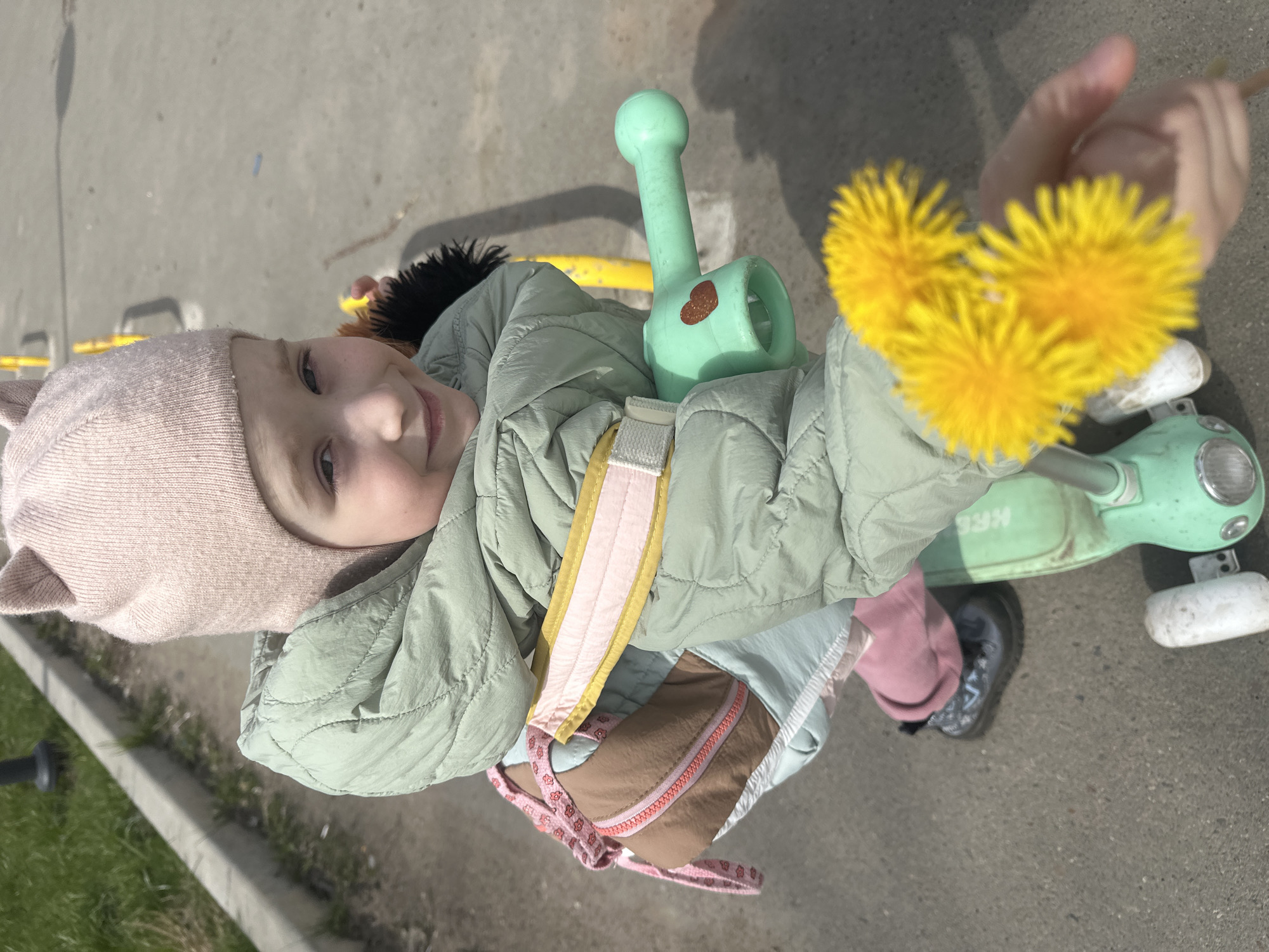 The image, taken from a high angle in Chaikovsky, Russia, captures a cheerful young child outdoors under sunny skies. The child, looking up and smiling at the camera, is the central subject. She wears a light pink knitted hat with small ear details and a light green quilted jacket with a dark fluffy collar. Her attire also includes pink pants and a small, multi-colored crossbody bag featuring pink and yellow straps, as well as sections of brown, light blue, and patterned fabric with a pink zipper.
The child is positioned next to a light green scooter, which has a small brown heart sticker on its handlebar and faint lettering visible on its deck. An adult's hand, partially visible in the upper right, holds a small bouquet of three bright yellow dandelions towards the child. The ground is a light grey paved surface, likely asphalt or concrete, with strong shadows indicating bright, direct sunlight. In the background, hints of green grass, a curb, and yellow metal bars suggest a park, playground, or sidewalk setting. The child's happy, contented expression is clearly visible.