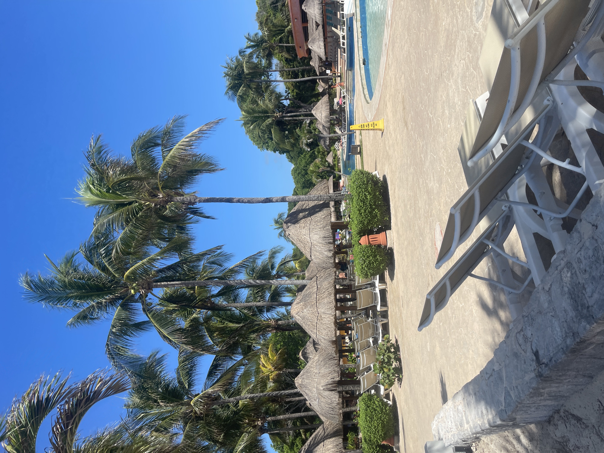 The image shows a sunny day at a resort pool in Playa del Carmen, Mexico. Rows of palm trees line the left side of the image, creating shade over thatched-roof palapas with lounge chairs underneath. A swimming pool with clear blue water is visible on the right side, with a yellow "Caution Wet Floor" sign nearby. Several stacked white lounge chairs are in the foreground, partially obscuring the view. The environment suggests a relaxed, tropical vacation setting.