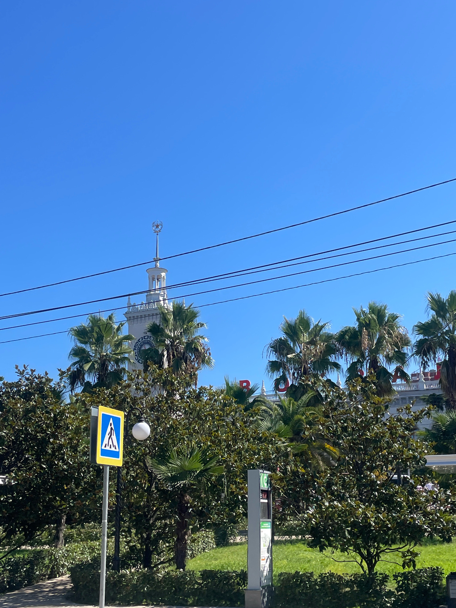 A bright, clear day is depicted in Sochi, Russia, with a wide shot of a cityscape dominated by lush greenery and clear blue skies. In the foreground, a pedestrian crossing sign stands prominently on a gray pole, its yellow and blue square featuring a white silhouette of a person walking. Behind the sign, a variety of trees and bushes create a dense, verdant backdrop. Among them, palm trees are visible, their fronds reaching towards the sky. Further in the background, a prominent white clock tower with a spire and a star-like ornament rises above the foliage, suggesting a significant landmark. The tower appears to be part of a larger building complex, with elements of white architecture and hints of red lettering visible above the trees. Electrical wires stretch across the upper portion of the image, cutting through the expanse of blue sky. The overall scene suggests a pleasant, sunny day in an urban environment with abundant natural elements.