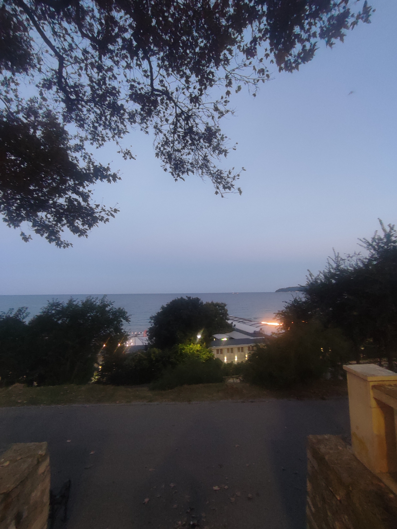 The image is a low-light, outdoor scene taken from an elevated position overlooking a body of water, likely the Black Sea. In the foreground, a dark asphalt road runs across the bottom of the frame, with low stone walls or planters bordering it on either side. Above the road, dense, dark foliage from trees obscures parts of the midground and upper portion of the image, silhouetted against a pale, twilight sky.
The midground reveals a coastline with a beach area. Several structures are visible along the beachfront, some appearing to be low-rise buildings with illuminated windows, suggesting a resort or hotel complex. Further back, a Ferris wheel or a similar amusement ride is faintly visible, its lights glowing. The sea stretches out to the horizon, appearing calm and reflecting the fading light. A few small boats or ships are discernible on the water in the distance.
The overall impression is of a coastal town at dusk or early evening, possibly Varna, Bulgaria, known for its seaside attractions and resorts. The scene is quiet and still, with no people or animals readily apparent. The lighting is dim, emphasizing the silhouette of the trees and the distant lights of the settlement and amusement park. The sky is a soft gradient of pale blue and grey, indicating the transition from day to night.