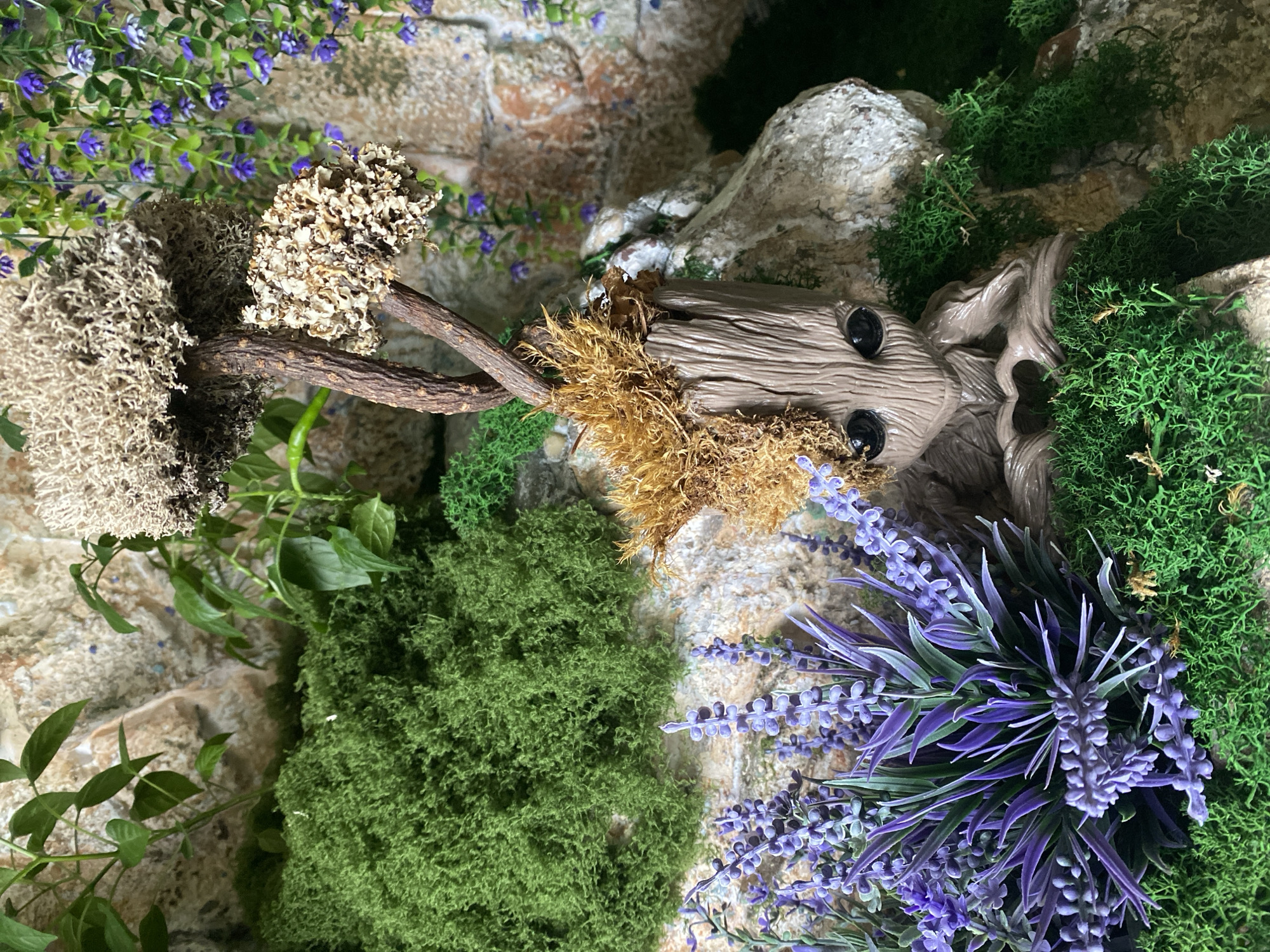 The image displays a small, whimsical arrangement, likely an indoor decoration. The centerpiece is a carved wooden figure with prominent, round, black eyes, resembling a cartoonish, tree-like creature. The figure is surrounded by various types of artificial foliage: clumps of bright green moss, sprigs of purple lavender, and climbing leafy plants. To the left of the figure, there's a small tree branch with moss-like growths attached to it. The backdrop consists of a faux rock wall with hints of blue and green floral decorations. There is no evidence to confirm the location of the scene as Novokuznetsk, Russia.