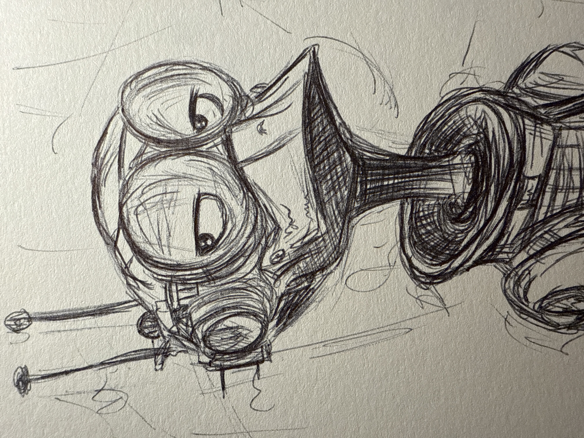 The image is a sketch of a comical robot character. It has a cylindrical body with two large, circular eyes. Two rod-like limbs extend from its lower body, each ending in a circular ball. A cone-shaped object is attached to the right side of the robot's body, with an additional tubular structure behind it. The style of the sketch is rough, with visible pencil strokes. The image is likely not related to the city of Sofia, Bulgaria.