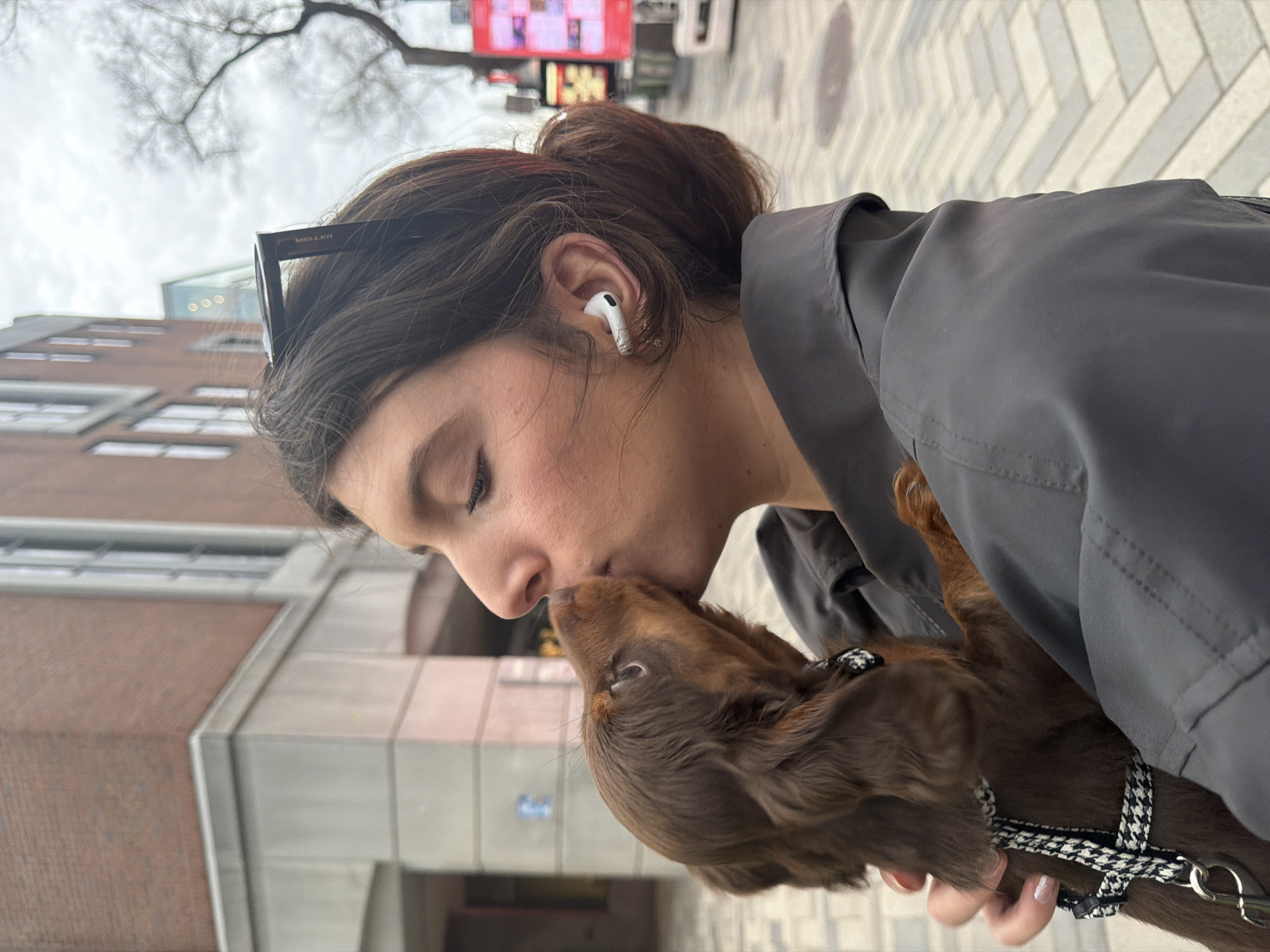 A woman is shown in profile, kissing a small, brown dog on the nose. The woman has brown hair pulled back in a messy bun, sunglasses perched on her head, and an earbud in her left ear. She wears a gray jacket. The dog has a black-and-white patterned harness. They appear to be outdoors in an urban setting. Buildings can be seen in the background. The street is paved with light-colored, geometrically patterned stones. Based on the architecture and street pattern, it is very likely the location is in Old Montreal, Canada.