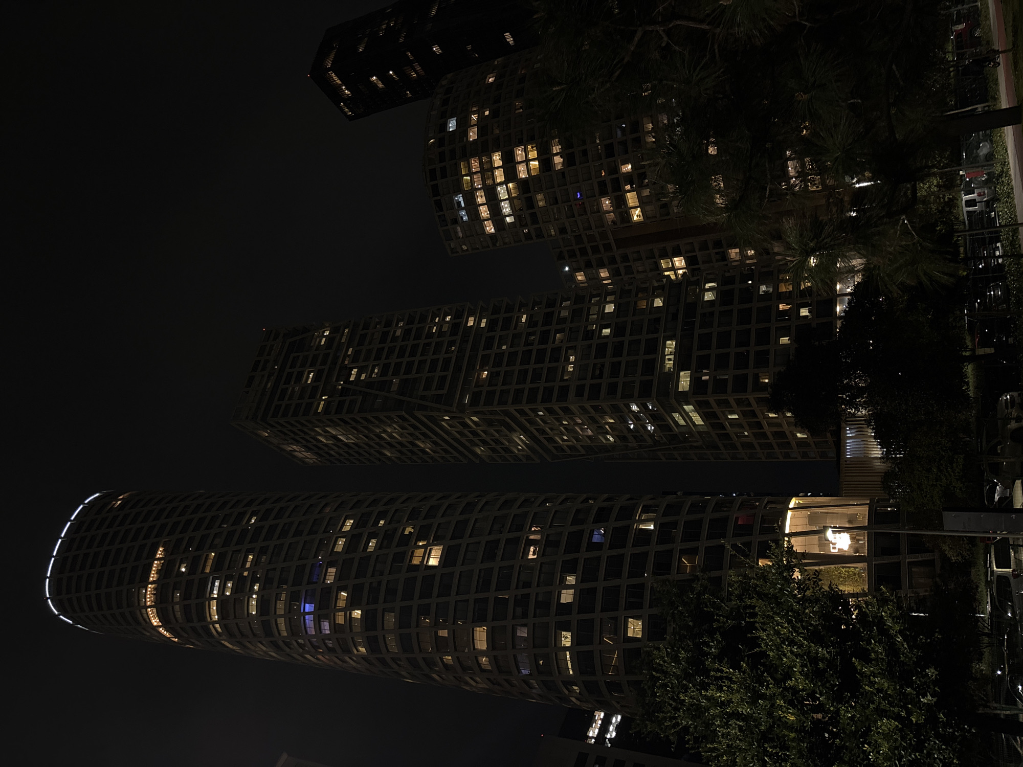 At night, the image captures a view of modern high-rise buildings in an urban environment. The architecture is characterized by geometric grids and illuminated windows, suggesting a residential or commercial purpose. The scene includes trees and foliage in the foreground. The buildings are located in an unknown city.