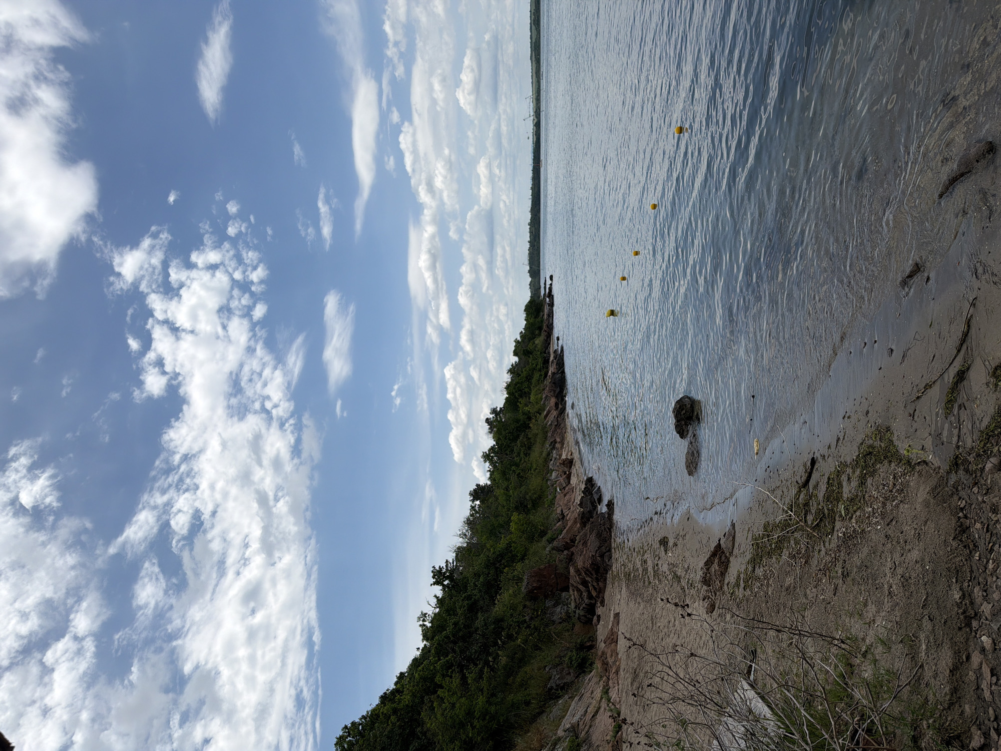 The image depicts a shoreline scene in Burgas, Bulgaria. The sky is blue with scattered white clouds. To the right is the body of water with yellow buoys floating on the surface. The water meets a sandy beach bordered by a rocky, vegetated area. There are no people visible in the image. The scene conveys a natural coastal environment.