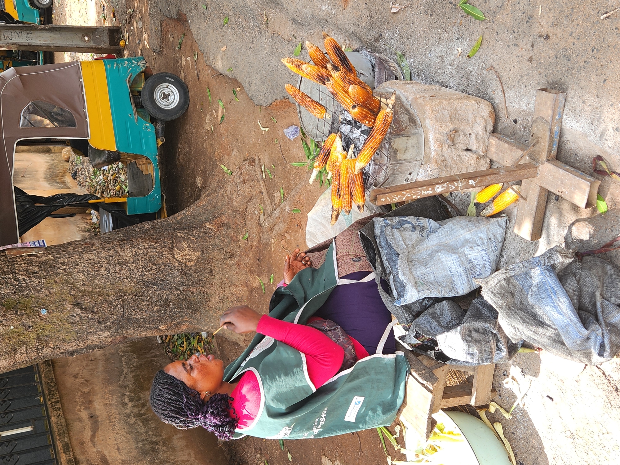 A woman is seated outdoors near a tree and next to a grill laden with roasted corn on the cob. She wears a red shirt, purple pants, and a green apron, and her hair is braided. She holds a small stick, possibly a toothpick. A pile of burlap sacks rests near the corn grill, and a yellow and blue auto-rickshaw, also known as a "keke napep," is parked nearby. The location appears to be an urban street, potentially in Jos, Nigeria.