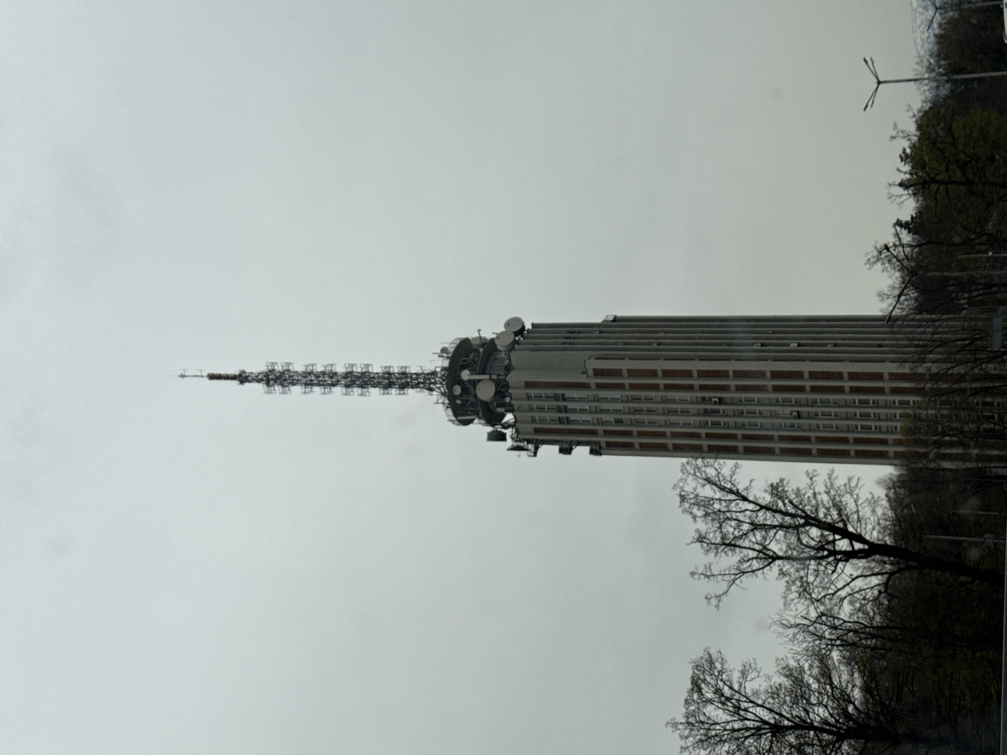 The image depicts the Sofia TV Tower in Bulgaria on a cloudy day. The tower is a tall, cylindrical structure with a lattice-like antenna extending from the top. The main body of the tower appears to be a building with numerous horizontal rows of windows. Bare trees are visible along the right edge of the frame, obscuring the base of the tower. A streetlamp is also visible, but it's mostly obscured. The sky is a uniform grey, providing a stark backdrop for the tower.