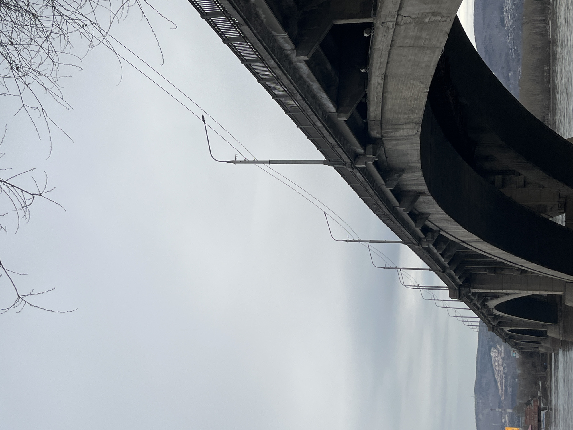 An arched concrete bridge, identified as the Kommunalny Bridge spanning the Yenisei River in Krasnoyarsk, Russia, dominates the midground, extending from the lower right towards the distant left. The bridge features multiple dark gray concrete arches, supporting a deck lined with uniform metal railings and a series of streetlights with curved arms. Overhead wires run along the bridge's length, connecting to the streetlights. Beneath the bridge's deck, on the right side, several light-colored, possibly conical objects (such as lights or sensors) are visible.
The scene is under an overcast, light gray sky, with bare, out-of-focus tree branches framing the top portion of the image. The wide, dark surface of the Yenisei River flows beneath the bridge. In the background, rolling hills and mountains are visible, some appearing partially snow-dusted or speckled with distant buildings. On the left riverbank, an industrial structure with a tall chimney is present, along with other urban elements, including a partial bright yellow/orange reflection or object. No individuals or active interactions are visible. The overall lighting is dim, indicative of natural daylight on a cloudy day.