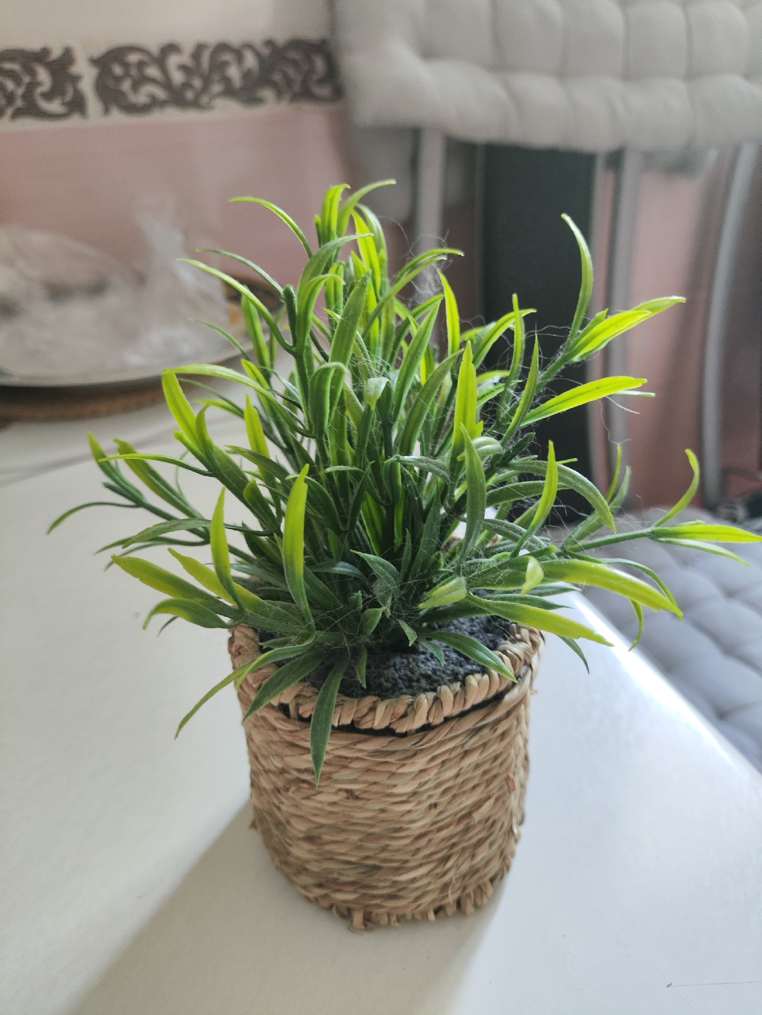 An artificial potted plant sits on a white surface, with a blurred background suggesting an indoor setting. The plant is green with thin, spiky leaves and is housed in a woven basket-like pot. The surface it rests on appears to be a table, casting a subtle shadow. The background reveals hints of furniture and wall decor, including what looks like a tufted cushion and patterned wallpaper. The lighting suggests an ambient indoor environment. There are no people present in the image.