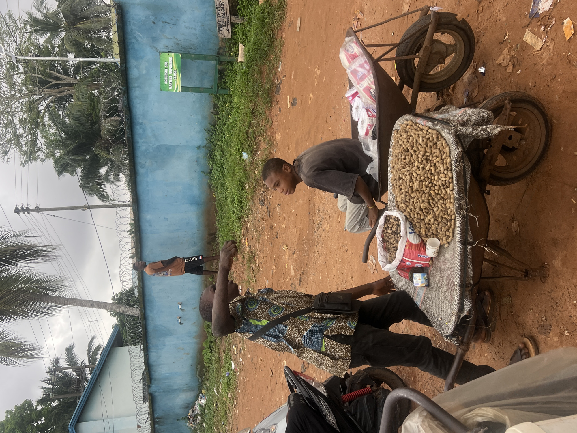 The image depicts an outdoor scene in Nkpor, Nigeria. In the foreground, two young boys are present. One boy, wearing a colorful patterned shirt and dark pants, stands and gestures outwards with his right hand. He is positioned next to a wheelbarrow filled with peanuts. The second boy, wearing a dark t-shirt and light-colored pants, sits in a wheelbarrow that contains rolls of toilet paper.
The ground is made of reddish-brown dirt. In the background, a light blue wall runs horizontally across the scene, topped with barbed wire. Various vegetation, including palm trees and other greenery, is visible behind the wall. Two signs are mounted on posts in front of the wall; one is green with white text and appears to be a street sign, and the other is a wooden sign with an arrow and text. A motorcycle is partially visible on the left side of the image. The sky is overcast.