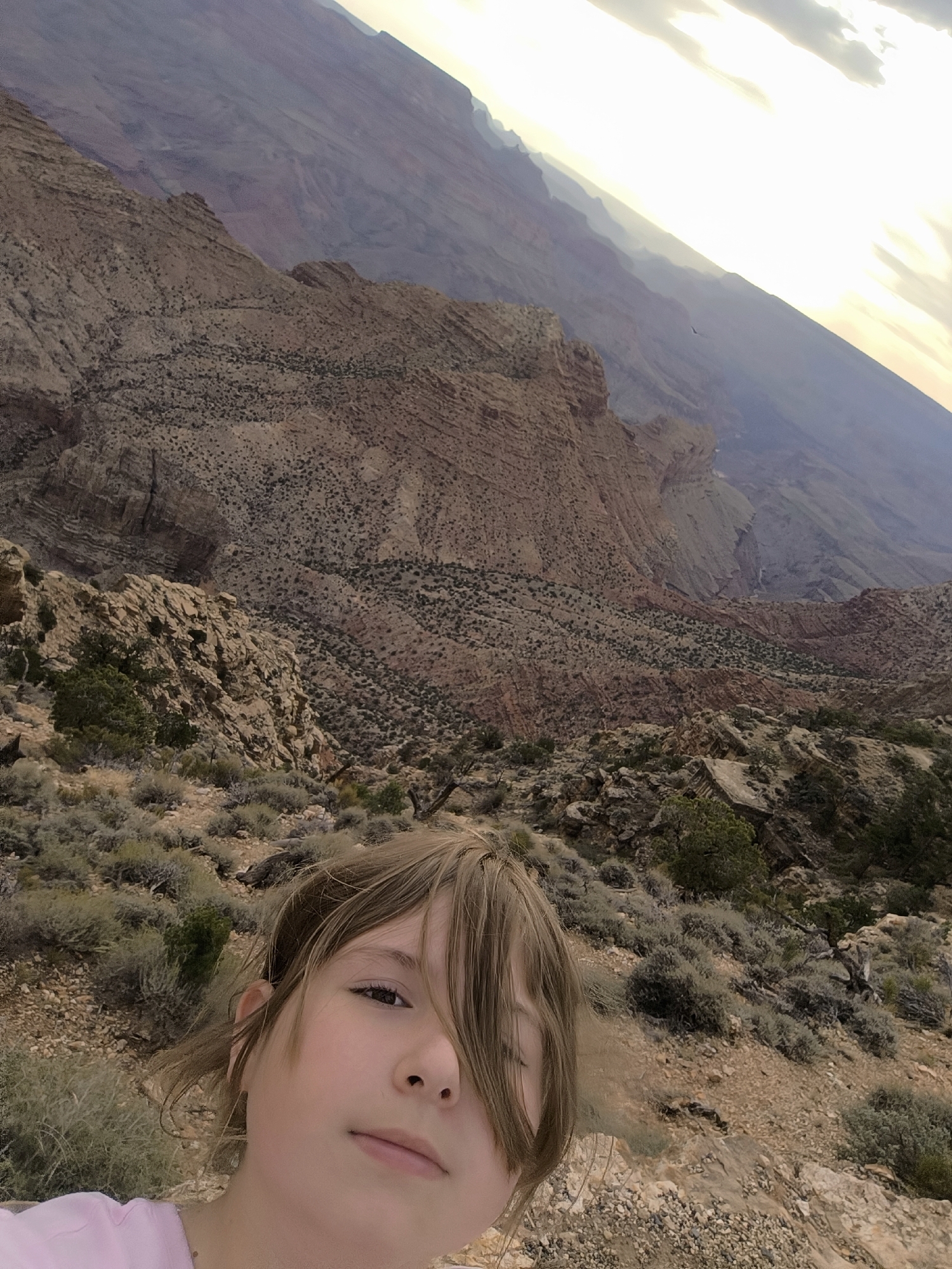 A young girl with blonde hair is taking a selfie at the Grand Canyon. The girl is in the foreground of the image, with her face partially visible and her hair obscuring one eye. She is wearing a pink shirt. The background is a vast expanse of the Grand Canyon, with layered rock formations and sparse vegetation. The sky is bright and cloudy, with the sun setting or rising. The image appears to have been taken from a high vantage point. The location is Grand Canyon Village, United States.