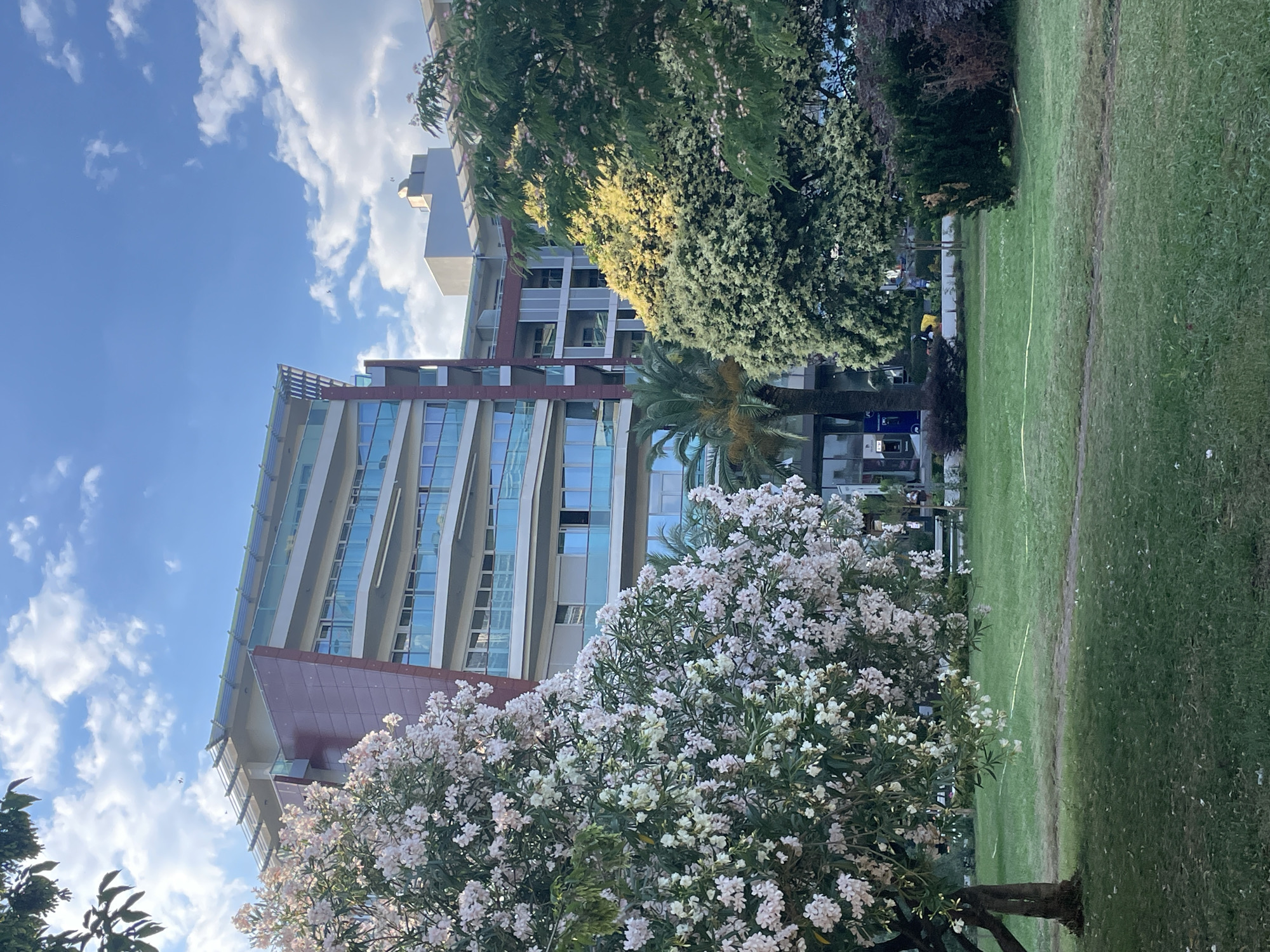 The image depicts a modern, multi-story building with balconies featuring blue railings, partially obscured by lush green trees and flowering bushes in the foreground. The building has a reddish-brown accent on its facade. A well-maintained grassy lawn is visible in front of the building, with a few scattered trees and shrubs. The sky is a bright blue with scattered white clouds. The scene appears to be a tranquil urban setting, possibly a residential or commercial area, given the architecture and landscaping. This view is consistent with the modern developments found in Budva, Montenegro, a popular coastal city known for its blend of historic charm and contemporary architecture.
