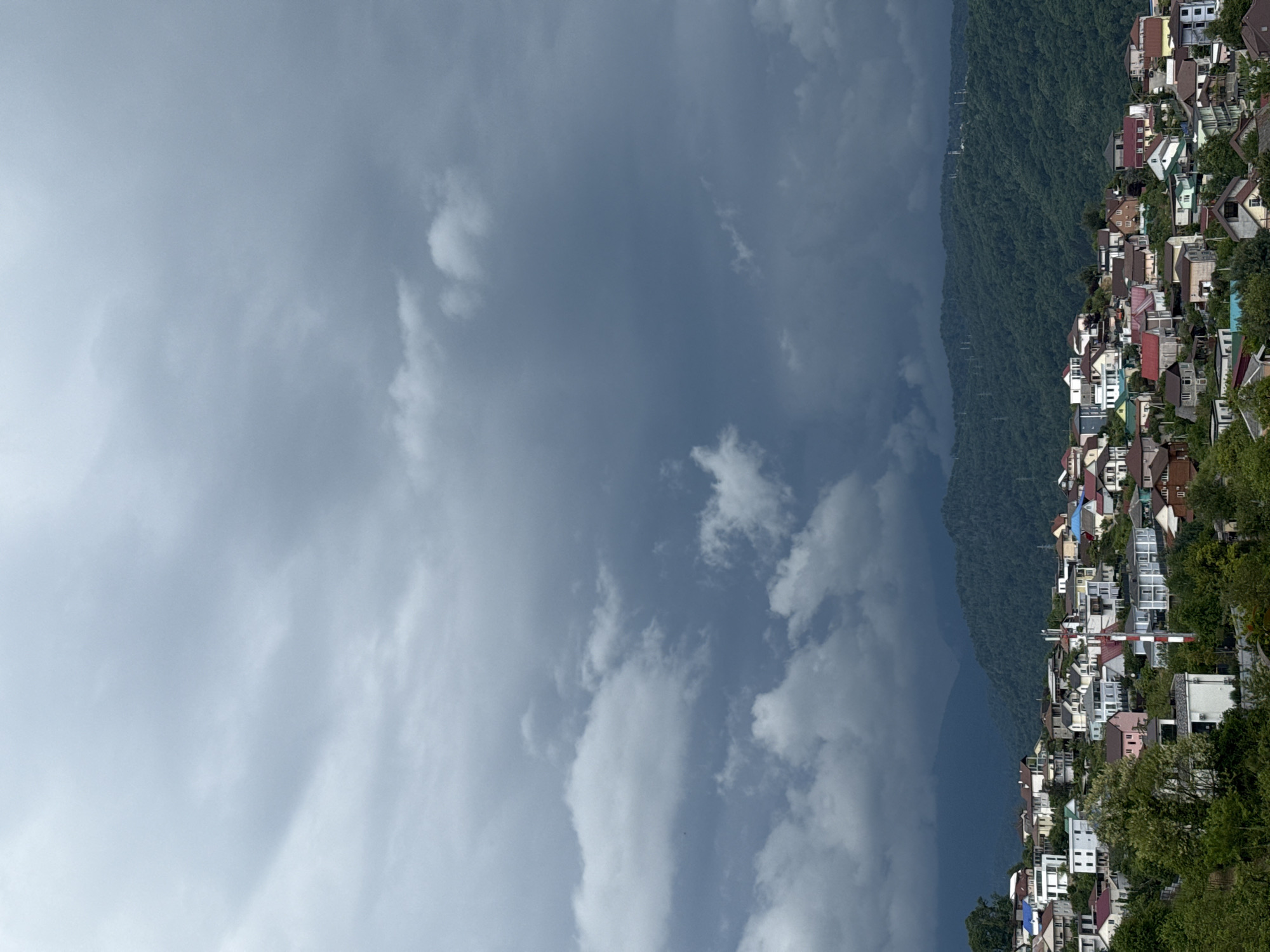 The image shows a view of Sochi, Russia. The right side of the image shows a densely populated area with numerous buildings of varying colors and styles, suggesting a residential area built on a hillside. Behind the houses, a forested mountain rises, possibly part of the Caucasus Mountains near Sochi. The left side of the image is predominantly a sky filled with clouds, indicating potentially unsettled weather. There are no people visible in the image.