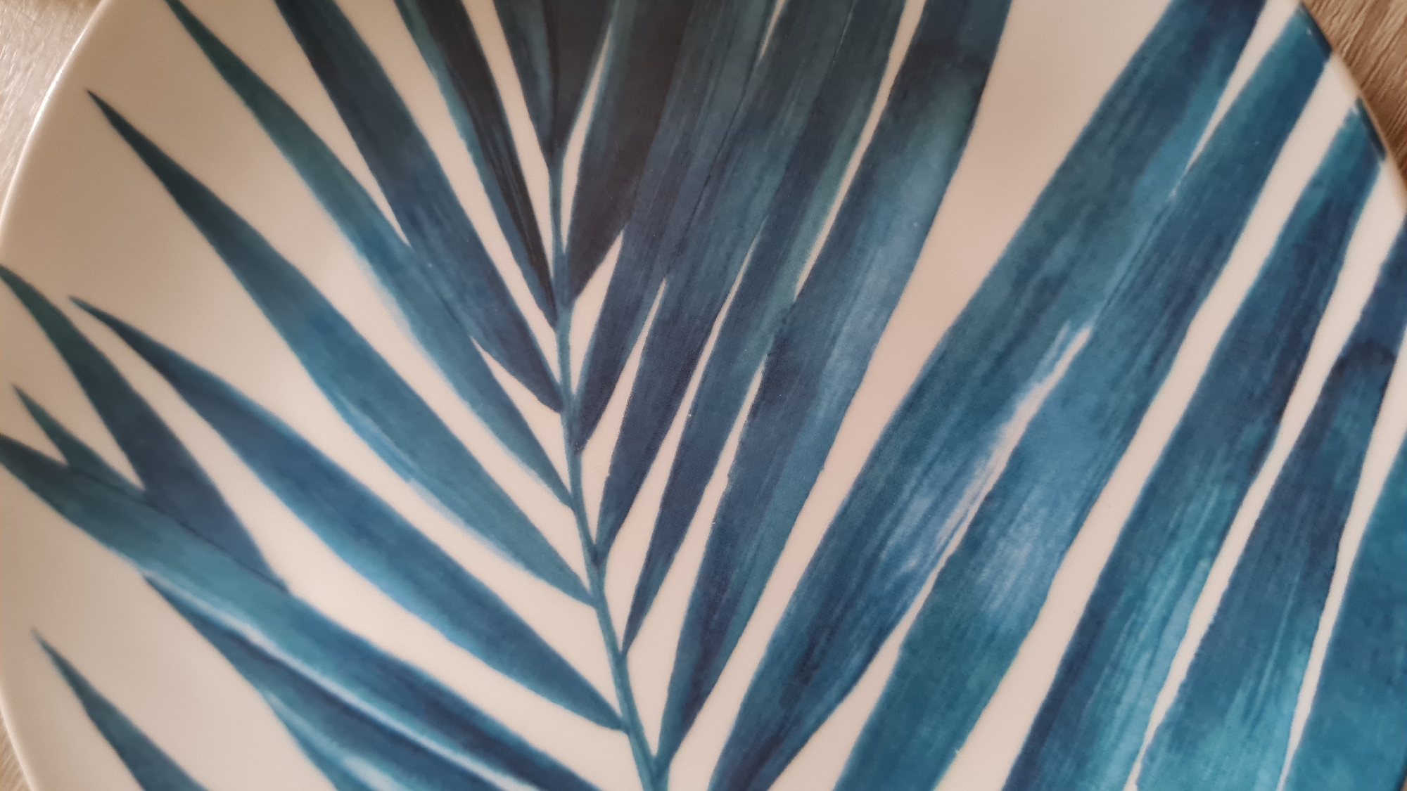 The image shows a close-up view of a plate decorated with blue and white palm leaf patterns. The design consists of sharp, elongated blue shapes with white spaces in between, resembling palm fronds. The plate is placed on a light brown surface. The image provides no information to determine if it is in Nahariyya, Israel.