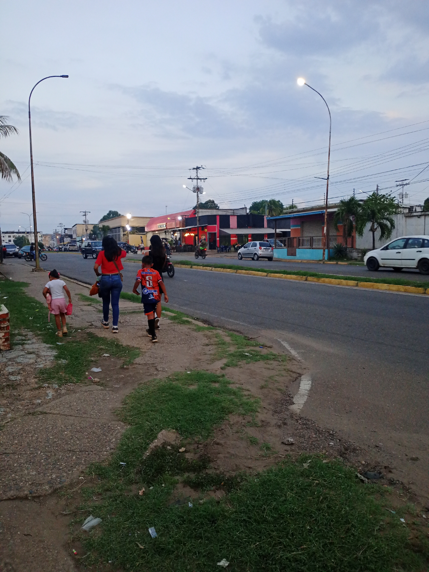 A street scene in Valle de La Pascua, Venezuela, shows a group of four individuals walking along a sidewalk adjacent to a road. The group consists of two women and two children. One woman wears a red top and blue jeans, while the other woman is dressed in black. The children, a girl and a boy, are walking with them. The boy is wearing an orange and blue jersey.
The road has moving vehicles. Buildings line the other side of the road. The sky is overcast. Streetlights are visible along the road. The sidewalk is unpaved and patchy with grass. A white car is parked on the side of the road.