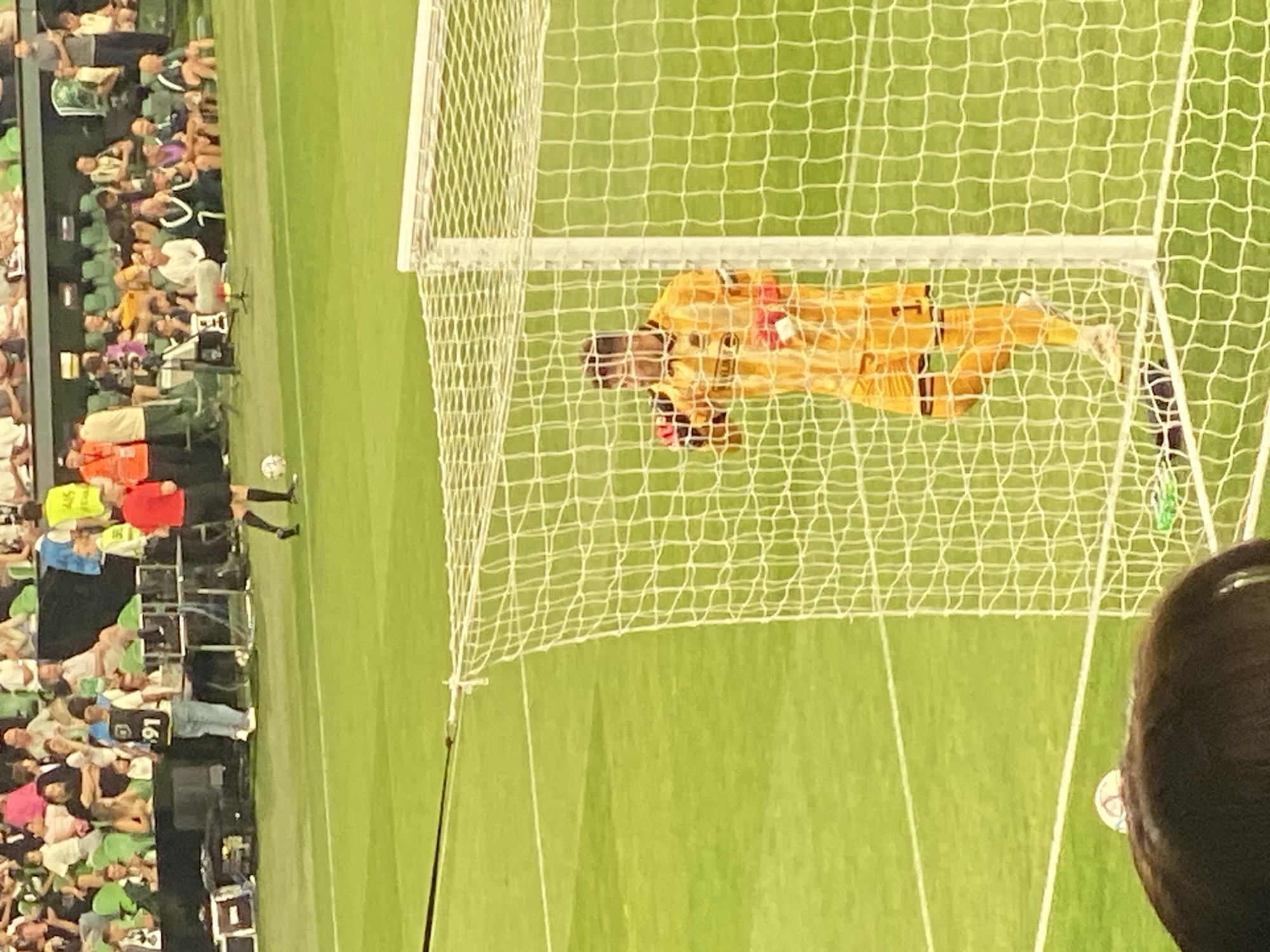 In an outdoor stadium, a male soccer goalkeeper, wearing a bright yellow jersey and shorts, stands near a goalpost, his face obscured by the net. He holds a red glove in his left hand. The field is green, with white lines marking its boundaries. Spectators are visible in the background, seated in tiered bleachers. A soccer ball rests on the field in the lower left corner. The scene appears to be from a professional soccer match.