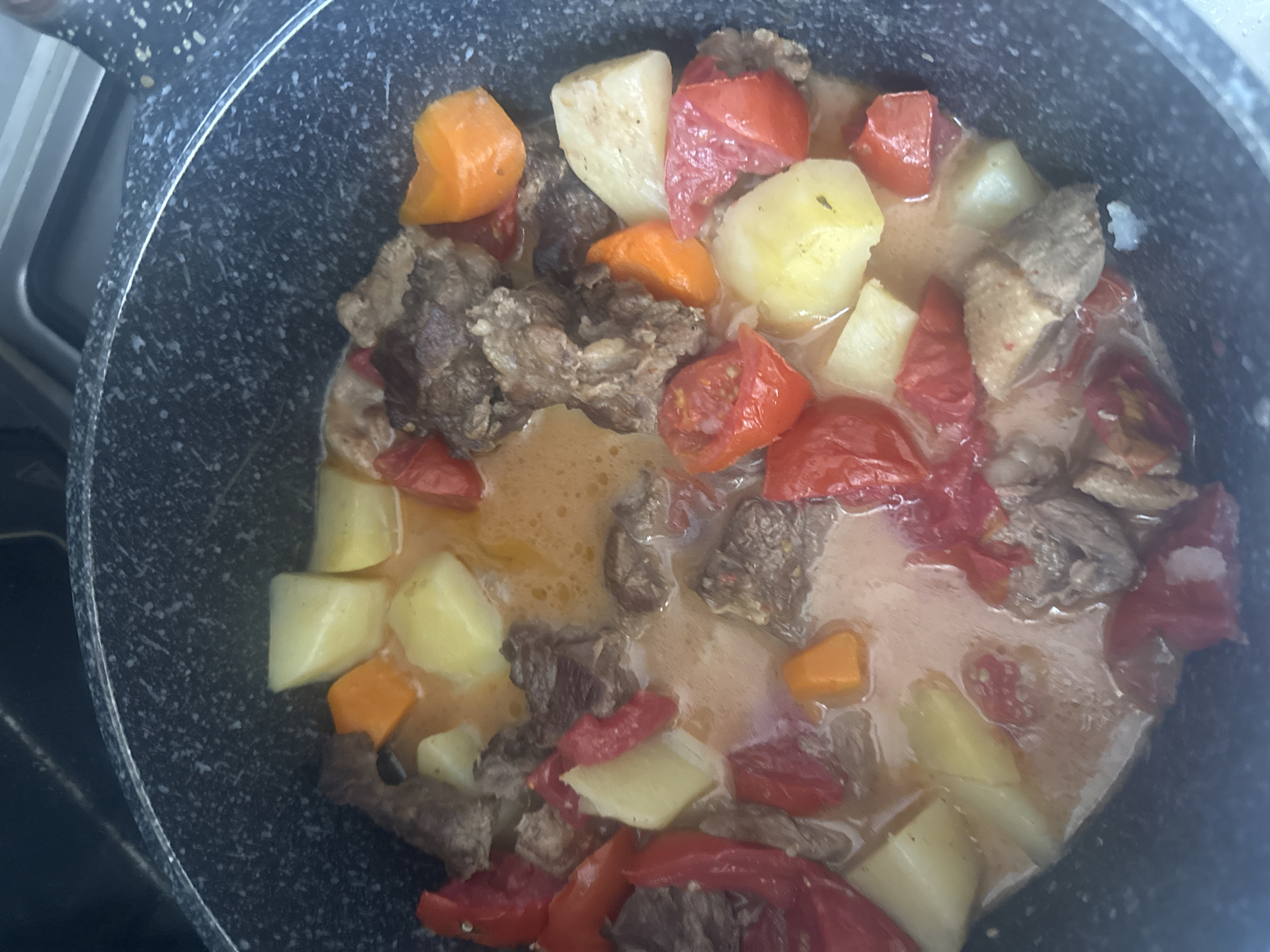 The image shows a close-up, overhead view of a pot of food being cooked. The food consists of chunks of meat, potatoes, carrots, and red bell peppers in a light-colored broth. The pot is dark gray with a speckled pattern and has a non-stick interior. The background is dark and out of focus, suggesting an indoor kitchen environment. There are no people or animals visible in the image. The image does not provide any information about the city of Bishkek, Kyrgyzstan, or any specific location within it.