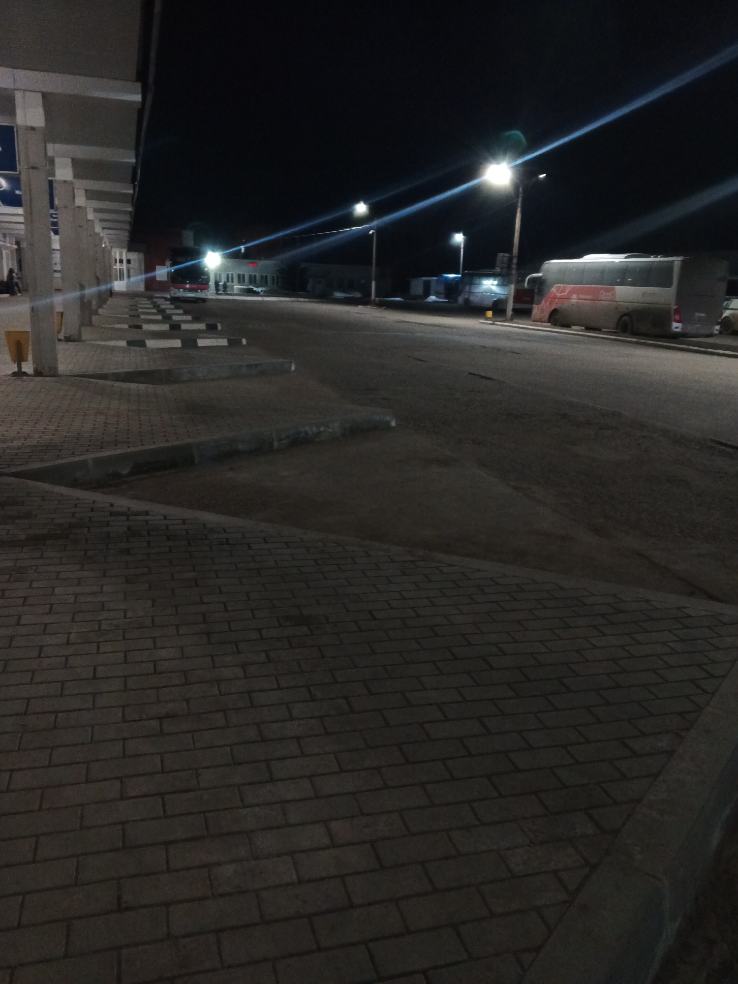 The image depicts a bus station in Chaikovsky, Russia at night. Streetlights illuminate the scene. On the left is a covered bus shelter with concrete columns. Several buses are parked along the side of the station. The foreground features a paved area, possibly a sidewalk, made of dark bricks. The overall impression is of a quiet, empty terminal at night.