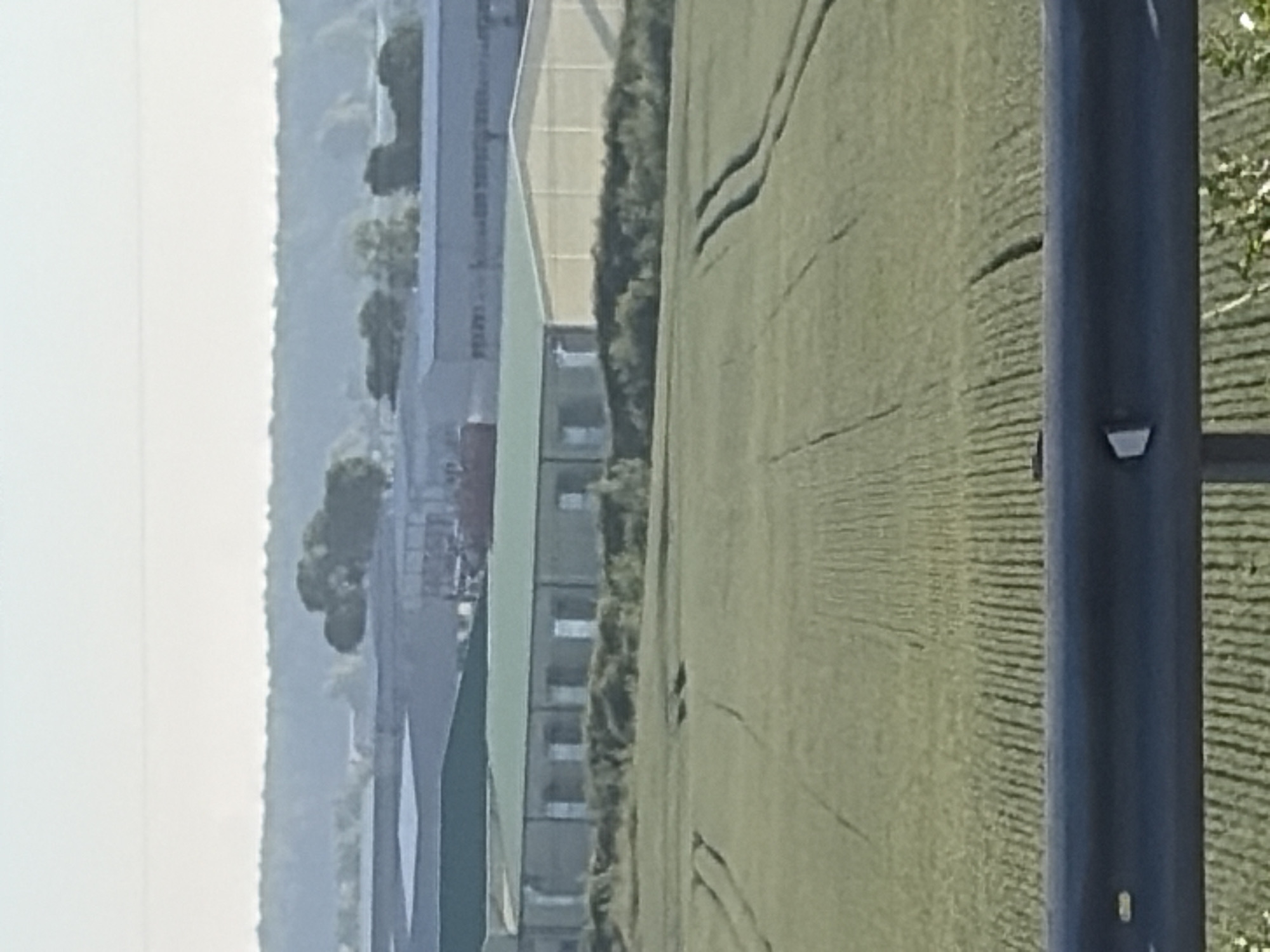 A long-shot, eye-level, vertical outdoor photograph captures a rural industrial landscape with a field in the foreground. The field is green and appears to be cultivated with rows of crops, possibly wheat, with tire tracks visible. In the mid-ground, several large industrial buildings with green roofs are visible. These buildings have light-colored walls and appear to be warehouses or factories. Behind these buildings, a treeline separates them from a hazy sky. The overall scene suggests an agricultural or industrial area on the outskirts of Borskoe, Russia.