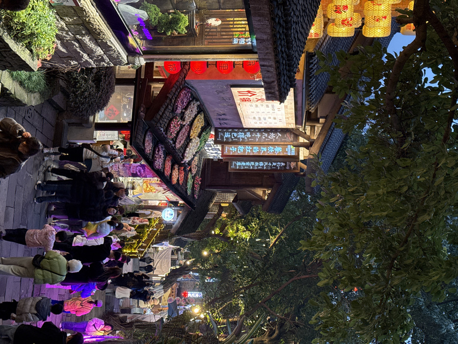 The image depicts a crowded commercial street or alleyway within Yuzhong District, China, at dusk or early night. The scene features traditional multi-story buildings with dark tiled roofs and wooden architectural elements, illuminated by various artificial light sources.
On the left, a building displays a string of warm yellow lanterns and red lanterns within a window. Below these, a sign with Chinese characters, including "火 锅 价" (Hotpot Price), is visible. A prominent display on a slanted dark-tiled roof below the sign showcases numerous colorful, oval-shaped food items, likely hotpot ingredients, arranged in rows. Further down, a stone wall with green foliage flanks a pathway.
The central and right portions of the image reveal a sloping pathway or staircase descending, lined with additional buildings featuring Chinese signage, some illuminated by neon lights. Lush green tree foliage overhangs the scene from the top and right, with string lights strung between trees.
A dense crowd of approximately 30-40 individuals of various ages, including adults, children, and elderly persons, occupies the pathway. Most are casually dressed, wearing jackets and long pants, indicating cooler temperatures. Several individuals are walking, while others are standing and observing. A woman in a white jacket and boots is seen holding a smartphone, pointing it forward as if taking a photograph. Children in bright pink and yellow jackets are also visible among the crowd. The ground surface is paved stone. The overall environment is bustling and well-lit.