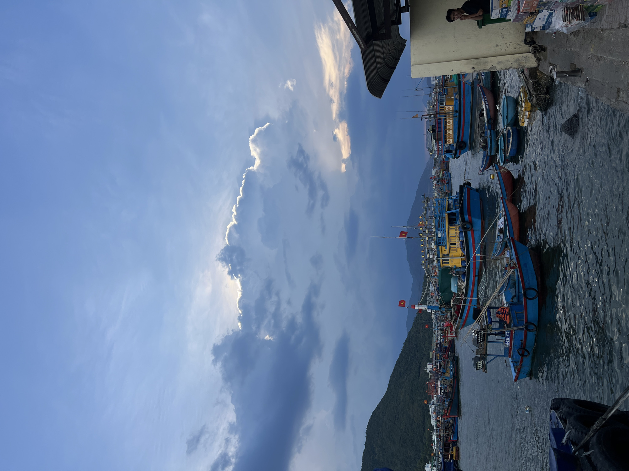 The image shows a harbor scene in Nam Nha Trang Ward, Vietnam. Several blue and red fishing boats are docked along a concrete pier. One individual is visible on the pier above the boats. A mountain with dense green vegetation rises in the background. The sky is partially cloudy with a mix of blue sky and dark storm clouds. Vietnamese flags are visible on some of the boats.