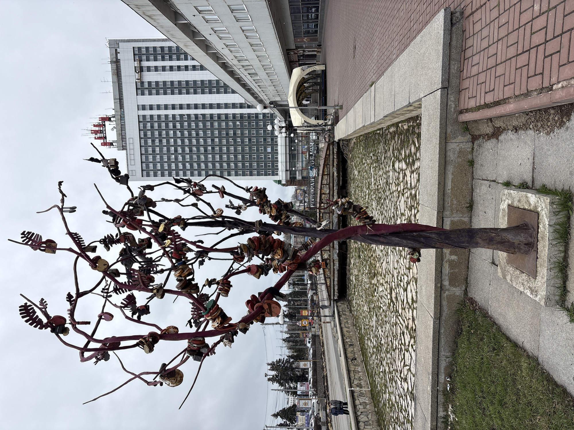 This outdoor shot presents a distorted perspective of a sculpture in Ulyanovsk, Russia. The sculpture, shaped like a tree, stands with a metallic trunk and branches adorned with numerous locks. In the background, an imposing, multi-story building stretches upwards, adjacent to a low, elongated structure. A narrow walkway, featuring intricate stone patterns, runs alongside the sculpture, transitioning into a sidewalk paved with red bricks. A road lines the backdrop of the sculpture. The sky is overcast, suggesting a cloudy or overcast day.
