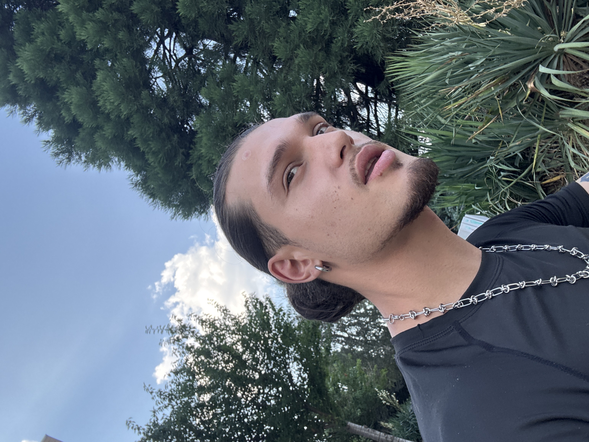 This is a close-up, low-angle outdoor photograph of a young man with dark hair pulled back in a bun. He is wearing a black long-sleeved shirt and a thick silver chain necklace. He has an earring in his left ear. The man is looking up and to the right, with his mouth slightly open and his tongue slightly visible. He has a goatee and mustache.
The background is out of focus and consists of green trees and a bright blue sky with some white clouds. The lighting suggests it is daytime, likely afternoon, with the sun shining from above and slightly to the right, casting highlights on the man's face. The overall impression is casual and relaxed. No text is visible in the image.