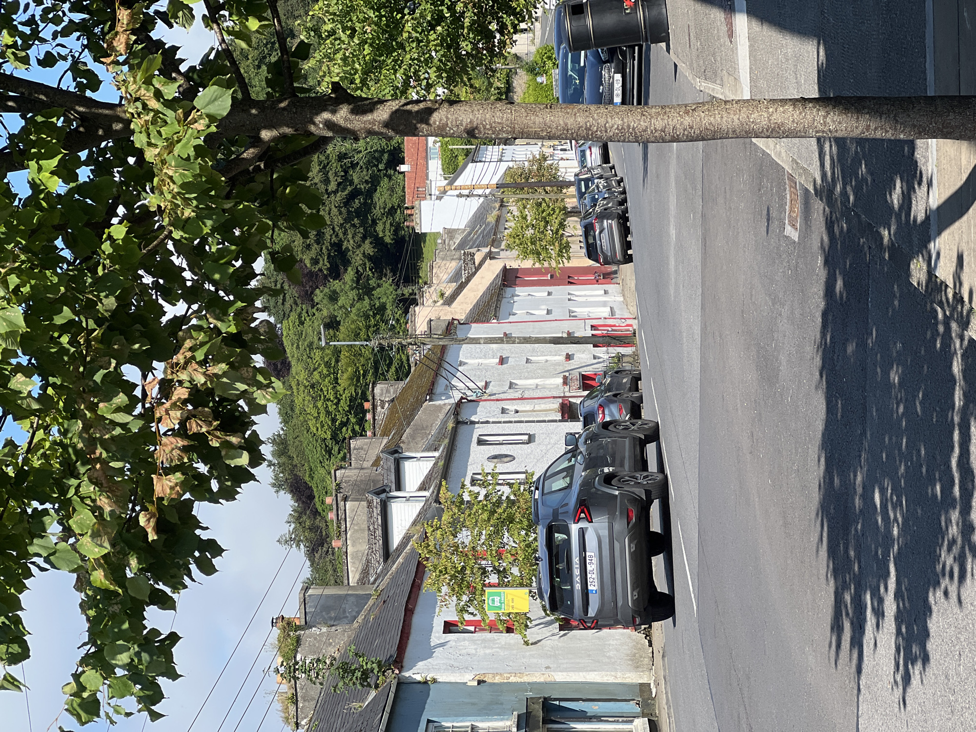 The image shows a street in Mountcharles, Ireland, on a sunny day. The street is lined with terraced houses, most of which are painted white with some having colored accents like red doors and window frames. A grey Dacia Duster SUV is parked on the left side of the street, facing away from the camera. Further down the street, several other cars are parked. A bus stop sign is visible on the left, mounted on a pole. Trees with green foliage are scattered along the street and a larger tree with a thick trunk is in the foreground on the right, casting shadows on the road. The sky is clear and blue. The background shows a gentle slope covered in dense green trees.