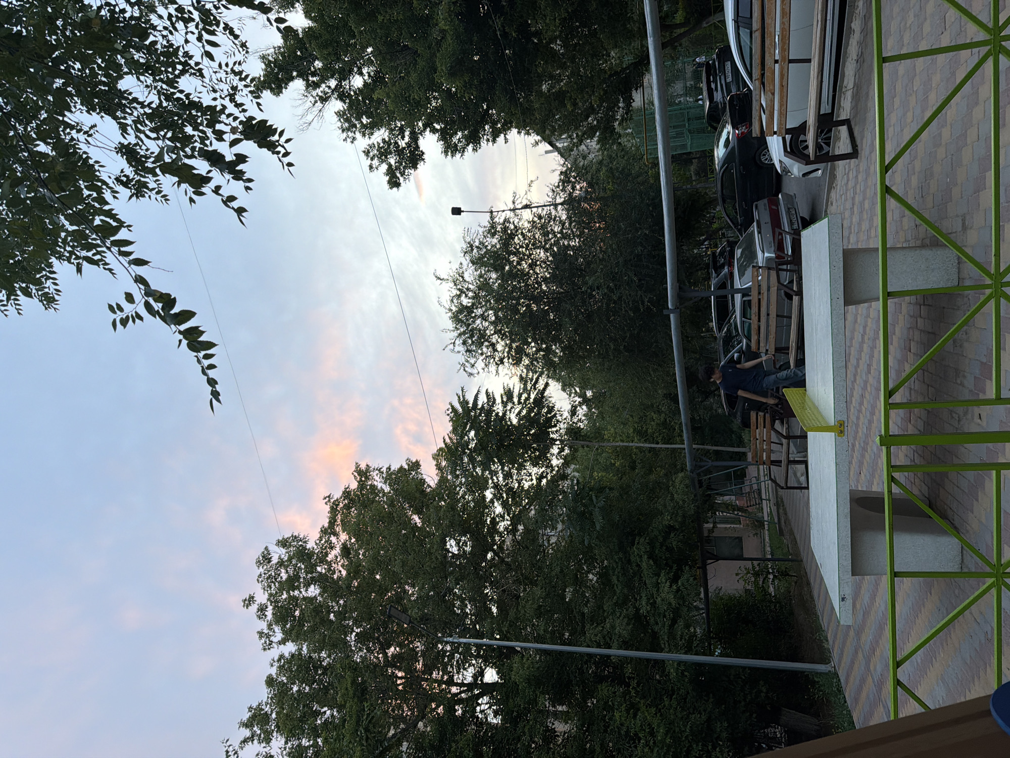 The image depicts an outdoor recreational area with a ping pong table in the foreground, located in Shymkent, Kazakhstan. The sky above is a soft blue with scattered clouds tinged with pink from the setting sun, suggesting it is late afternoon or early evening. Lush green trees frame the scene, some of which have branches extending into the sky, partially obscuring the view.
In the middle ground, a person wearing a dark t-shirt and jeans is walking towards the right side of the frame, past a ping pong table. The ping pong table appears to be made of concrete with a green net. Adjacent to the ping pong table are wooden benches. Beyond these, a row of parked cars is visible, including sedans and SUVs. In the background, more trees and buildings are present. A street light is also visible amidst the trees on the left. A green metal fence runs along the bottom of the frame, in front of the ping pong table. The ground is paved with a colorful, geometric pattern of interlocking pavers. The overall atmosphere is serene and suburban.