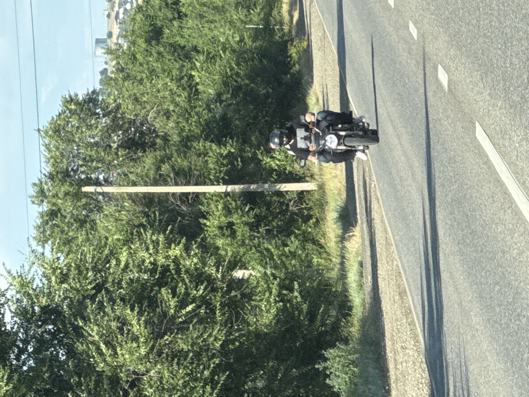 In the city of Дорожный, Russia, two individuals are seen riding a motorcycle on a paved road. The person in the front is wearing a black helmet and a black t-shirt with a graphic design. They are operating the motorcycle. The second person is seated behind the driver. The motorcycle is traveling on a road with a gravel shoulder on the left side. Lush green trees line the side of the road, and in the background, buildings and a water tower are visible on a hill under a clear sky. The scene is illuminated by daylight, casting shadows on the road surface.