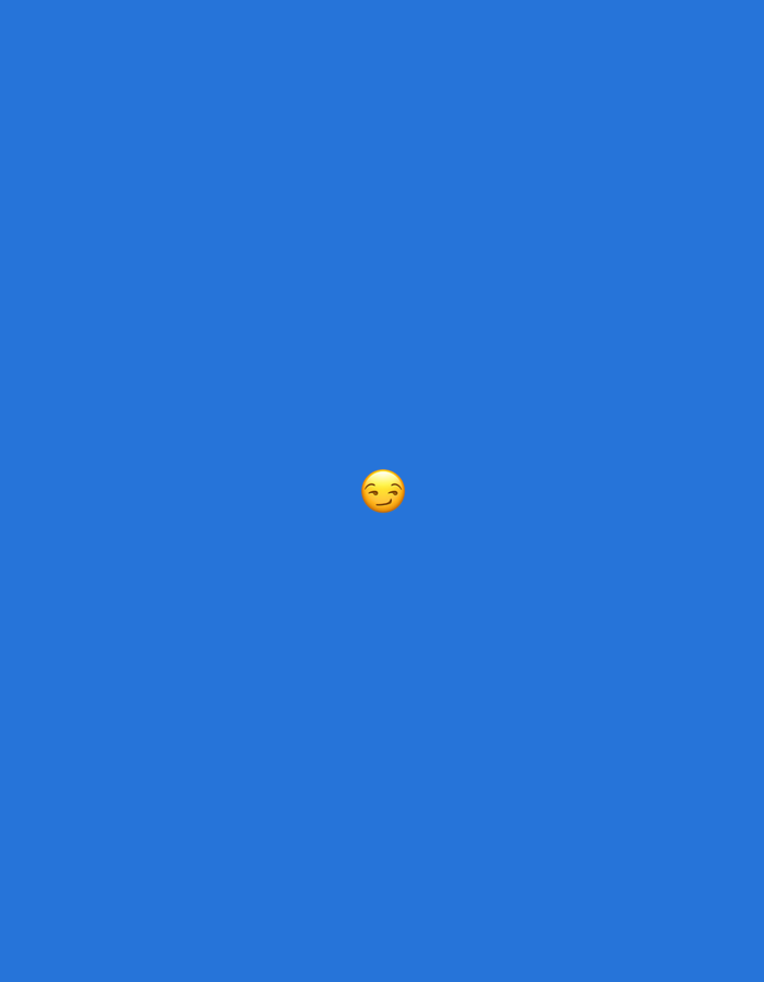 The image displays a uniform, solid blue background. Centrally positioned within this blue field is a single emoji, specifically the smirking face emoji (U+1F60F, 😏). The emoji is rendered in a standard yellow hue, featuring distinct black arched eyebrows, with the left eye appearing partially closed in a squint, and a subtle smirk indicated by the left corner of the mouth turning slightly upwards. No other subjects, objects, text, or environmental details are present in the scene.