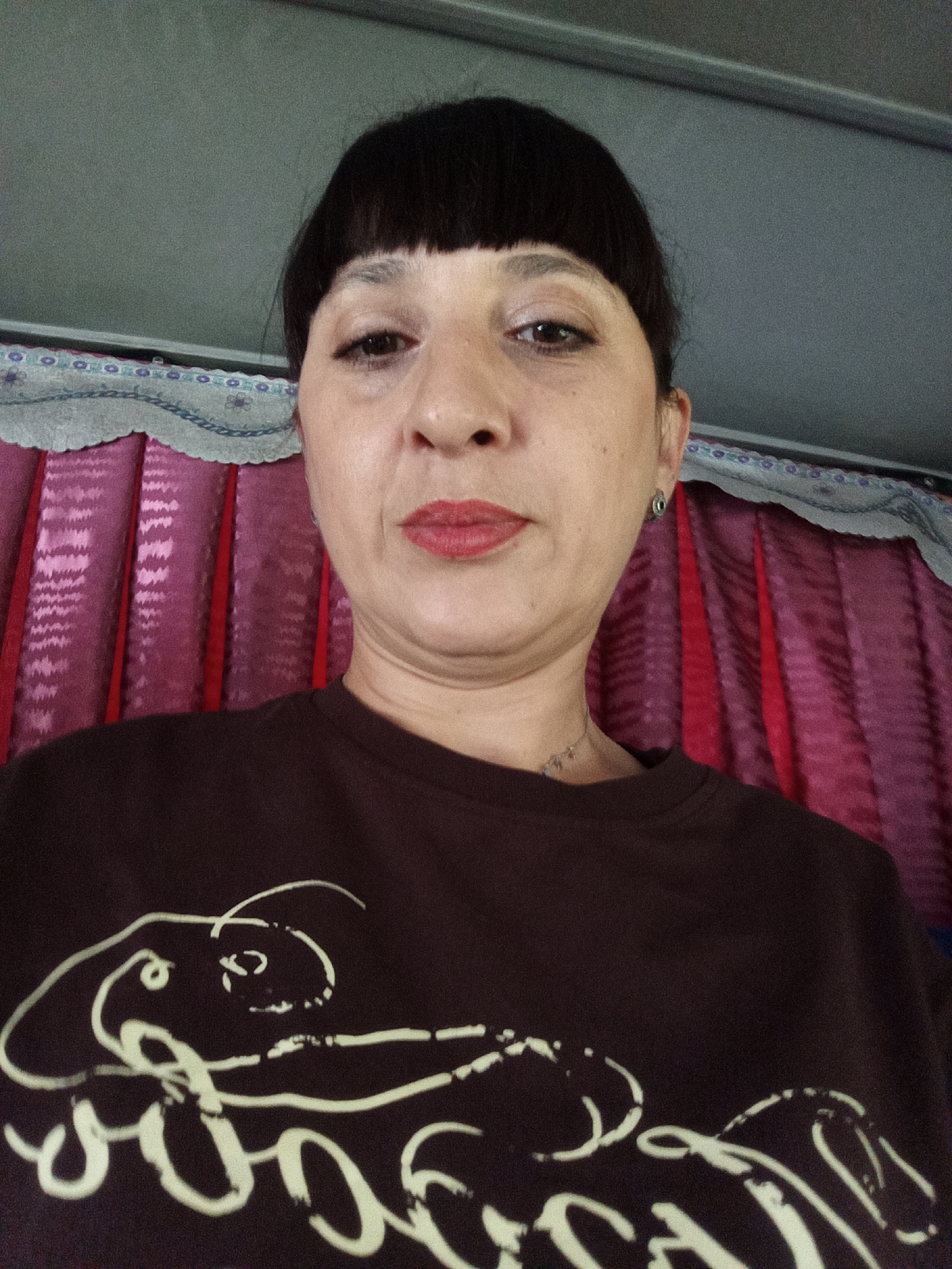 A medium-shot, eye-level selfie shows a woman with dark bangs and brown eyes looking directly at the camera. She is wearing a dark brown t-shirt with a white outline graphic of an animal. Her lips are painted red. She has a necklace with small pendants and a single earring in her right ear. Behind her are pink curtains with a blue and white patterned valance. The ceiling above appears to be gray. The image quality is grainy. The location is not discernible from the image.