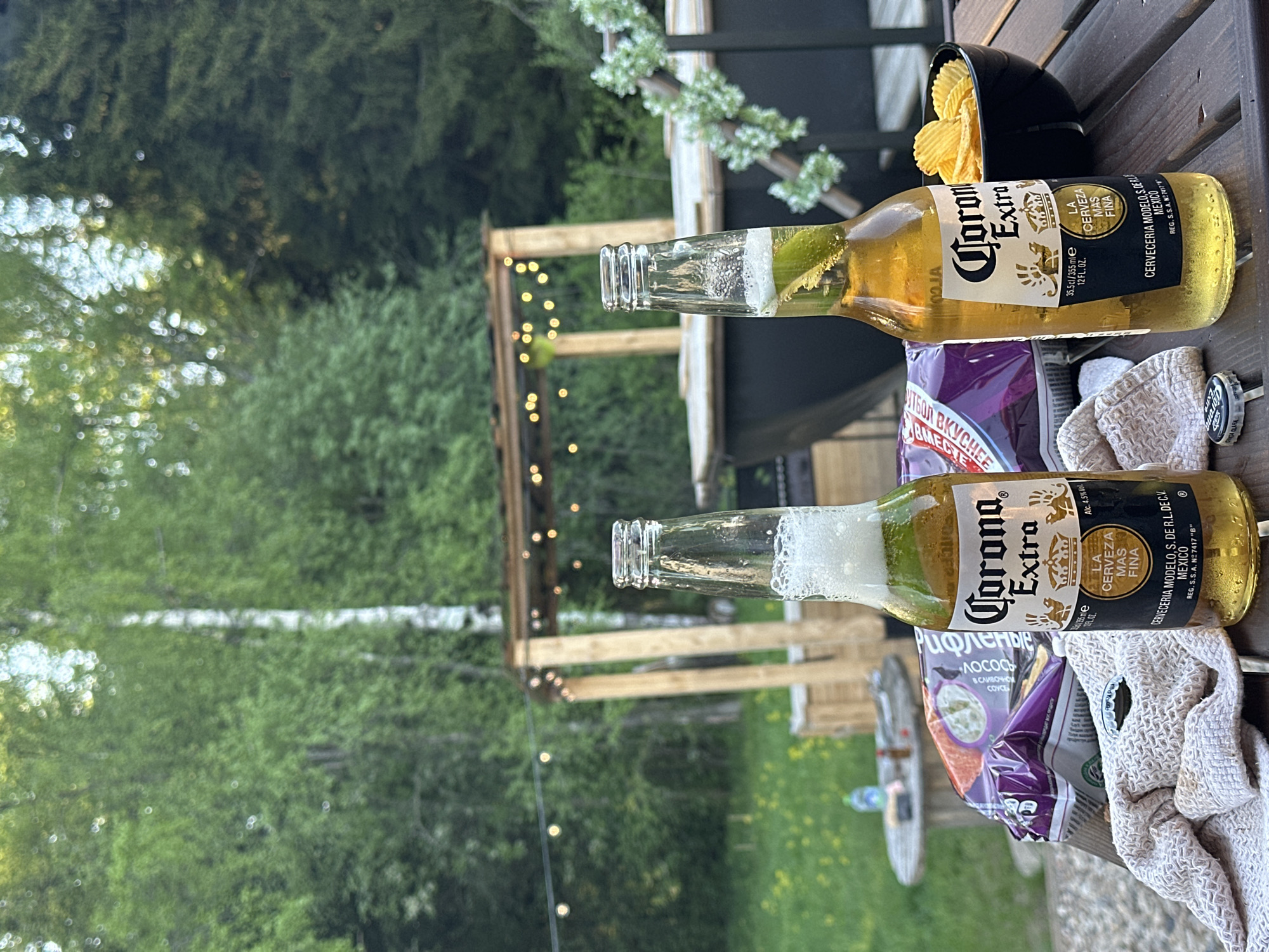 This image shows an outdoor setting, possibly a patio or deck, with two bottles of Corona Extra beer prominently displayed. The beers are accompanied by a bowl of chips and a bag of potato chips, suggesting a casual gathering. The background features lush greenery, including trees and foliage. There is no indication that this image was taken in Малеевка, Russia.